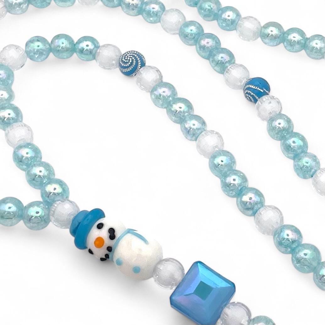 Winter Snowman Beaded Breakaway Lanyard – Handmade ID Badge Holder with Blue and White Beads