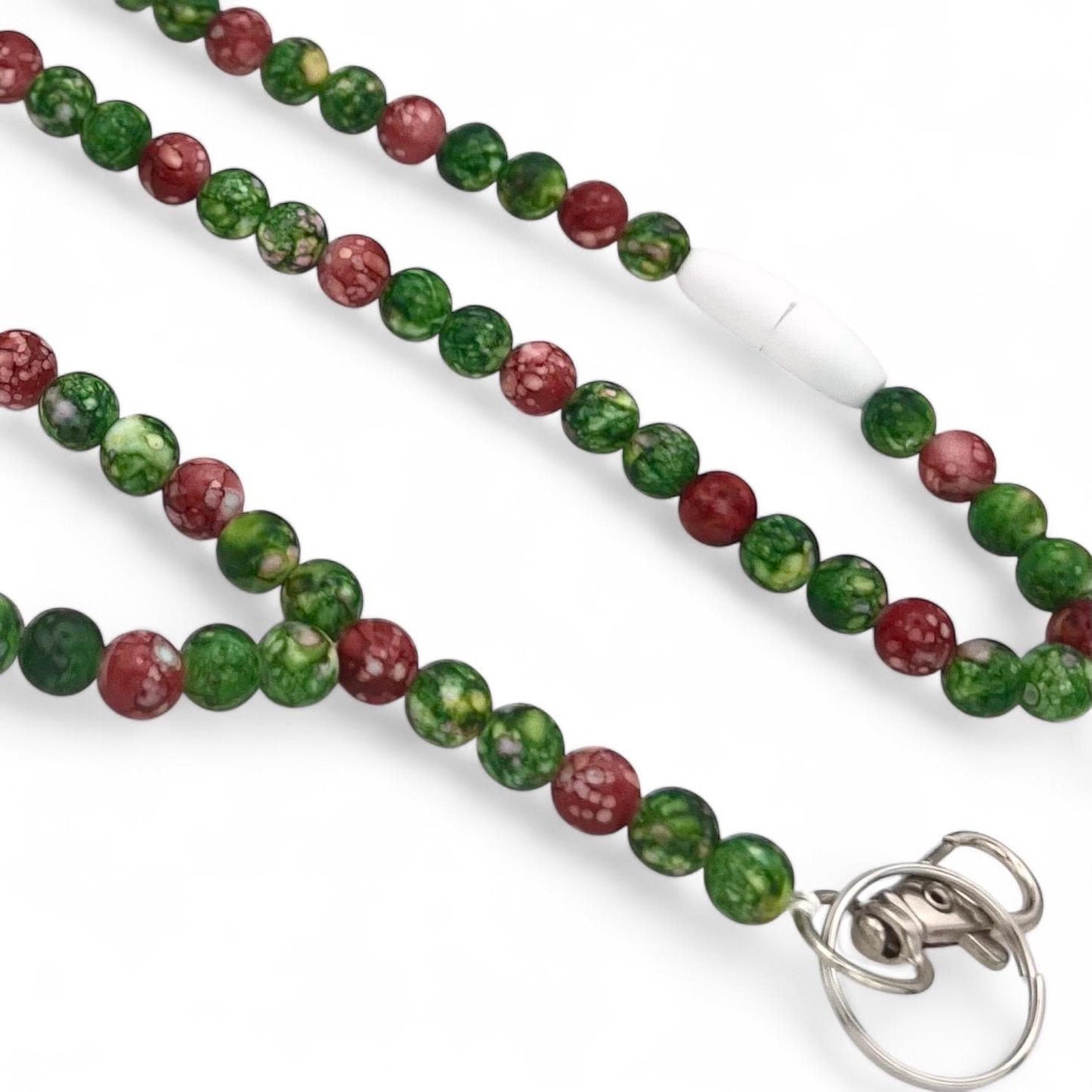 Festive Green & Red Beaded Breakaway Lanyard – Holiday-Inspired Design - Handmade Christmas Work ID Badge Holder