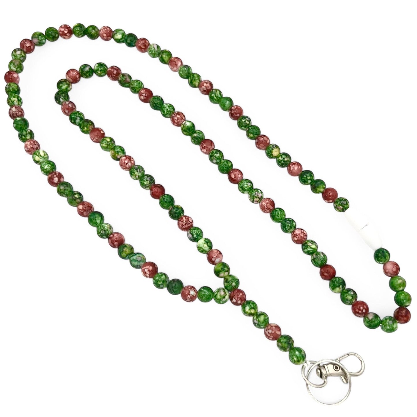 Festive Green & Red Beaded Breakaway Lanyard – Holiday-Inspired Design - Handmade Christmas Work ID Badge Holder