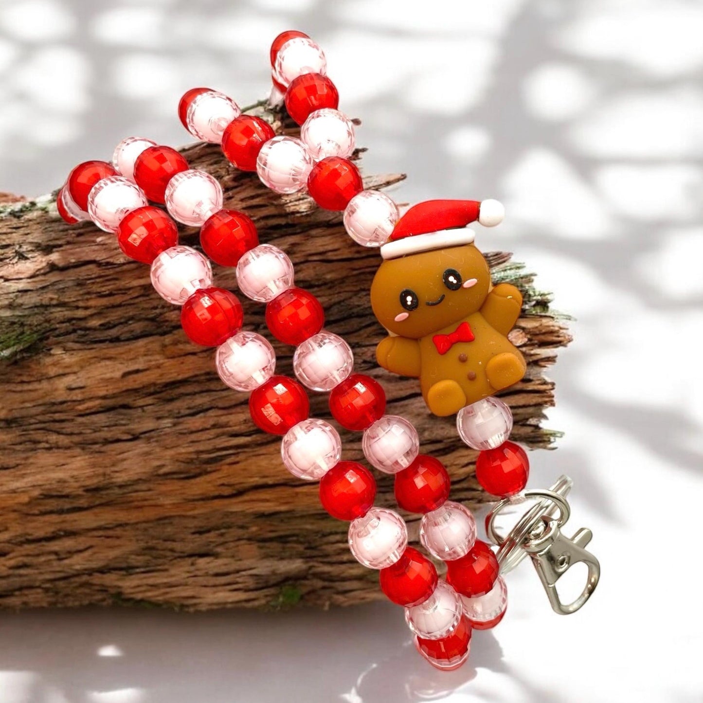 Festive Green & Red Beaded Breakaway Lanyard – Holiday-Inspired Design - Handmade Christmas Work ID Badge Holder