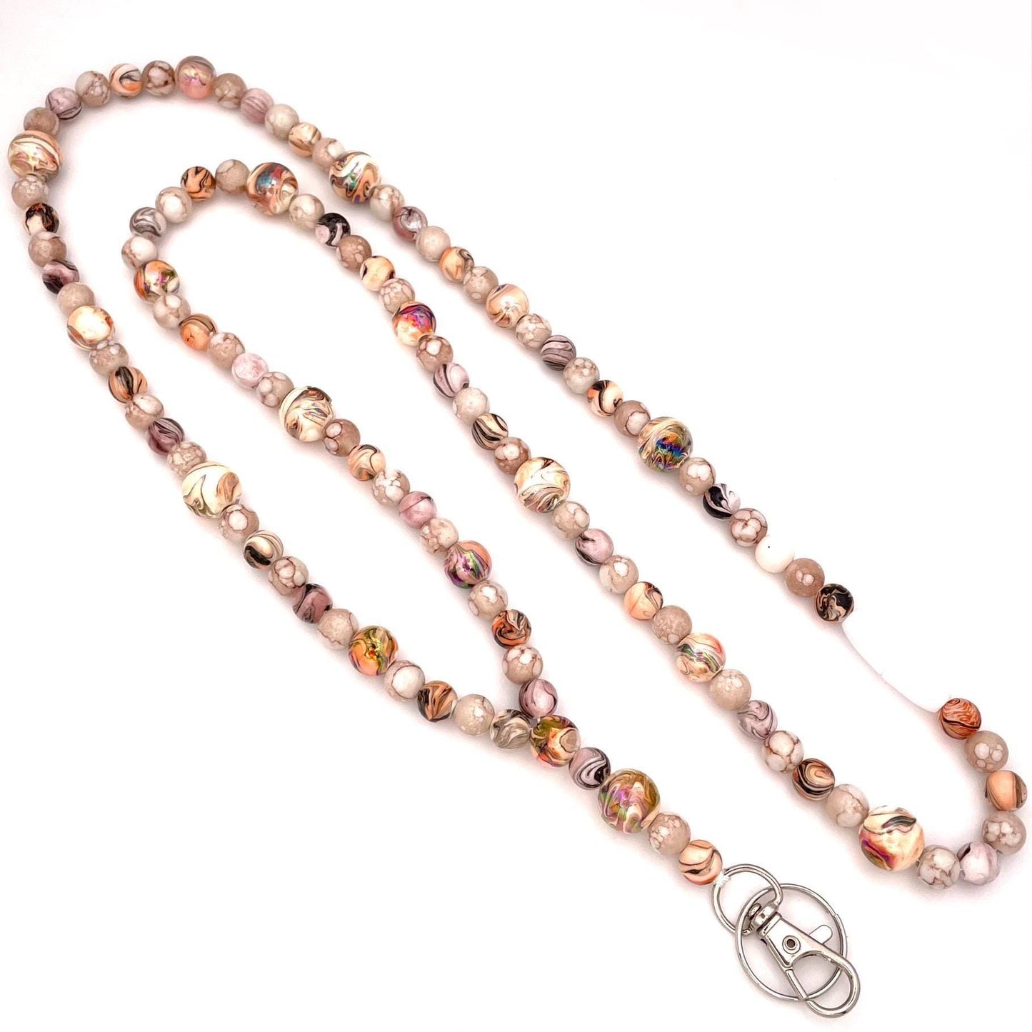 Marbled Beaded Lanyard with Neutral and Iridescent Accents – Handmade Badge Holder for Work or ID