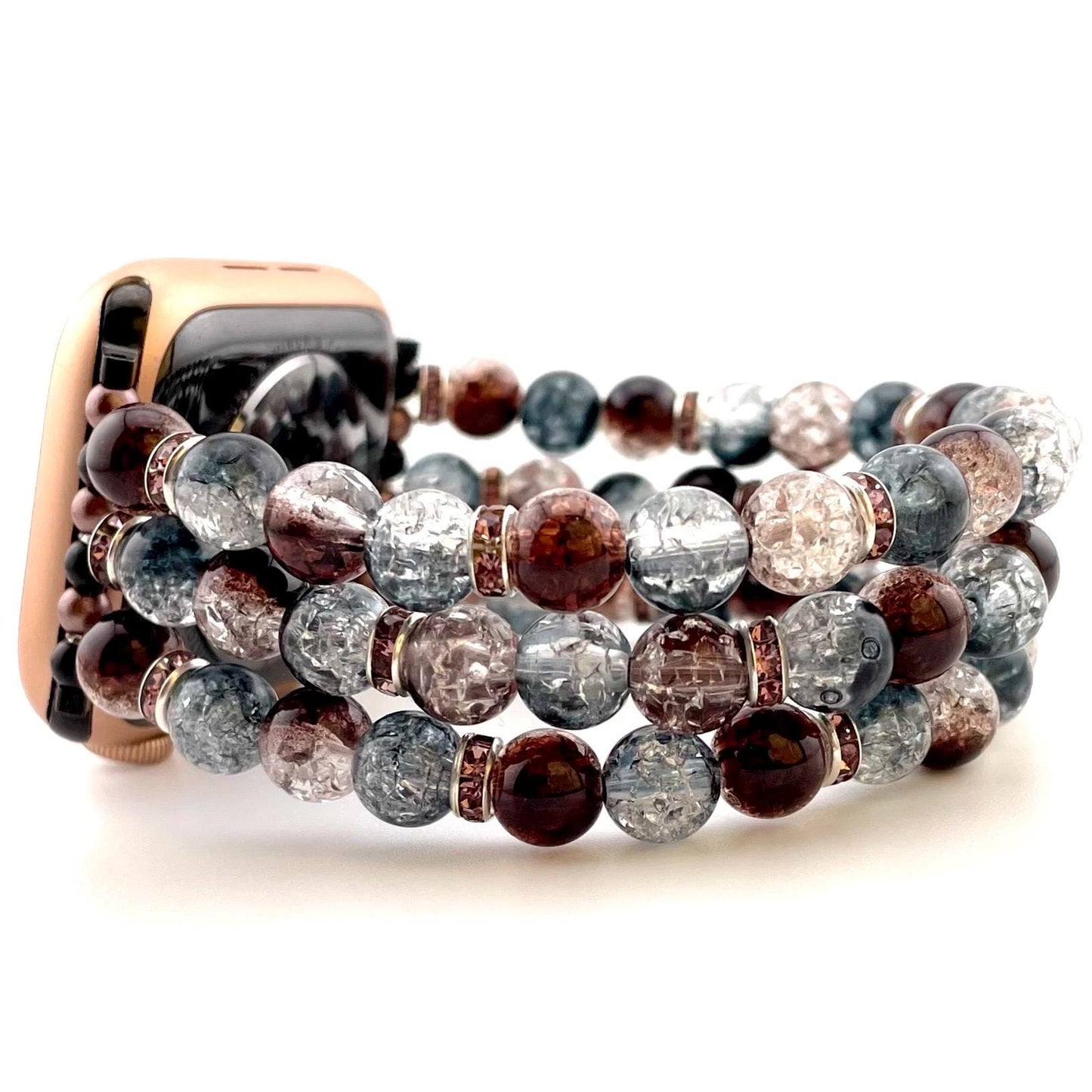 Cracked Brown & Smoky Gray/Black Beaded Watch Band – Triple Strand Apple/Samsung Compatible