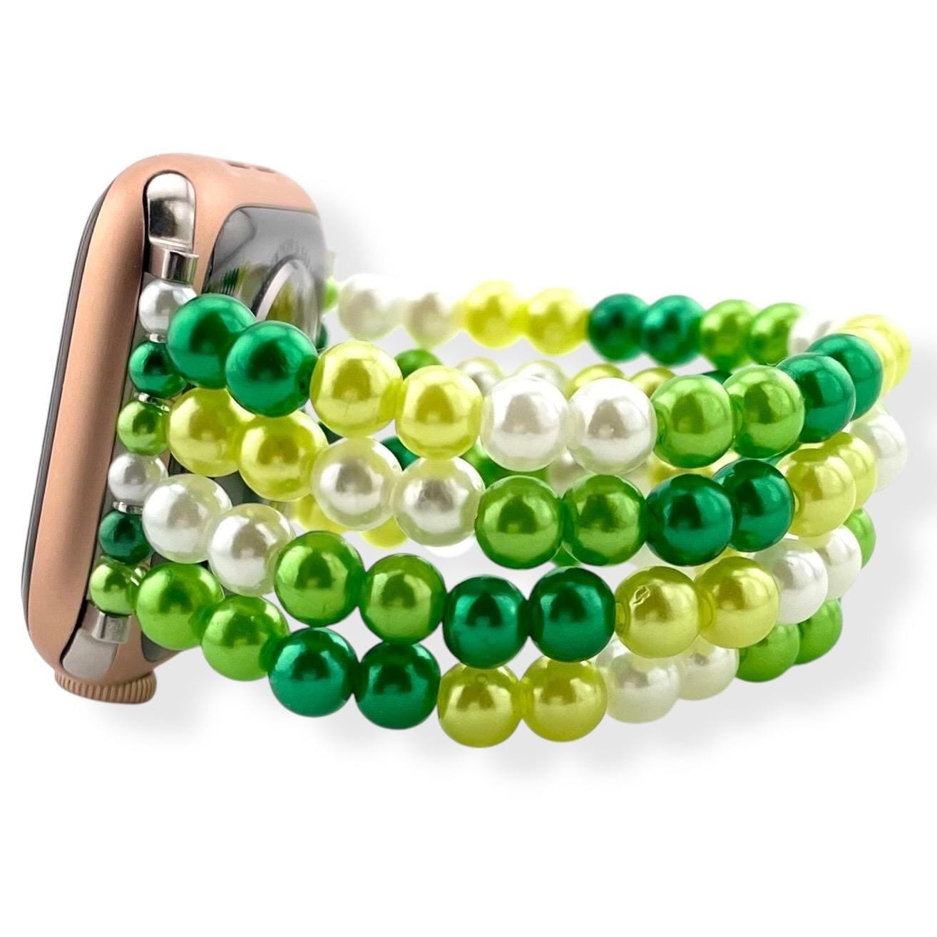 Green Watch Band Compatible with Apple Watch Made with Crackle Acrylic, Imitation Pearl, and Rhinestone Beads