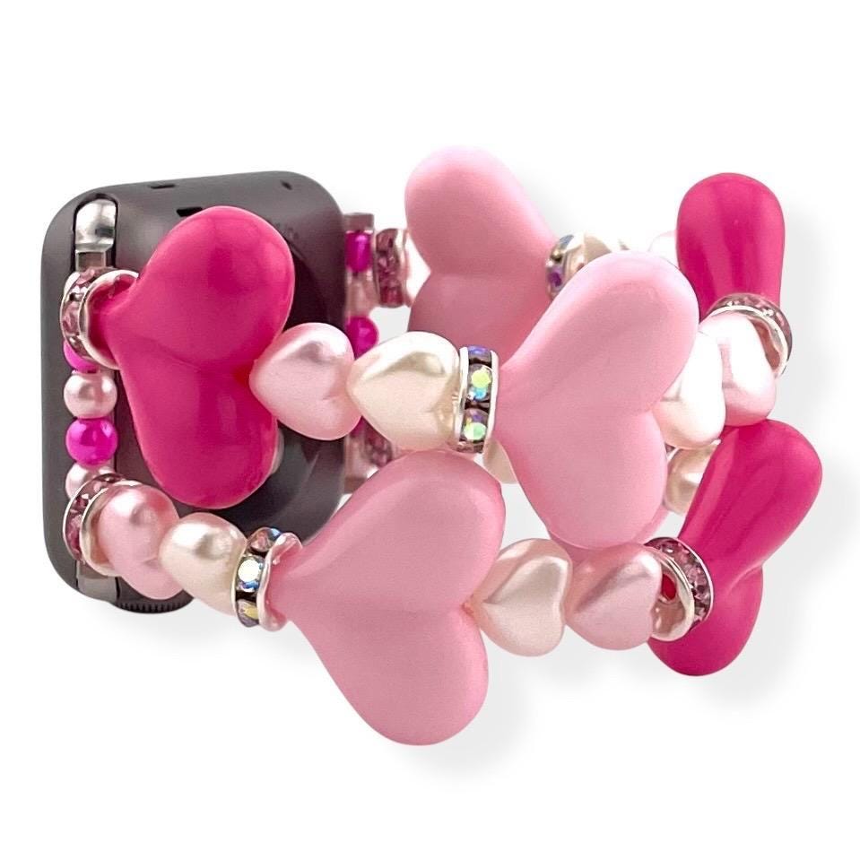 Valentine’s Heart Beaded Watch Band – Pink & White Stretchy Bracelet Strap for Apple and Samsung Watches