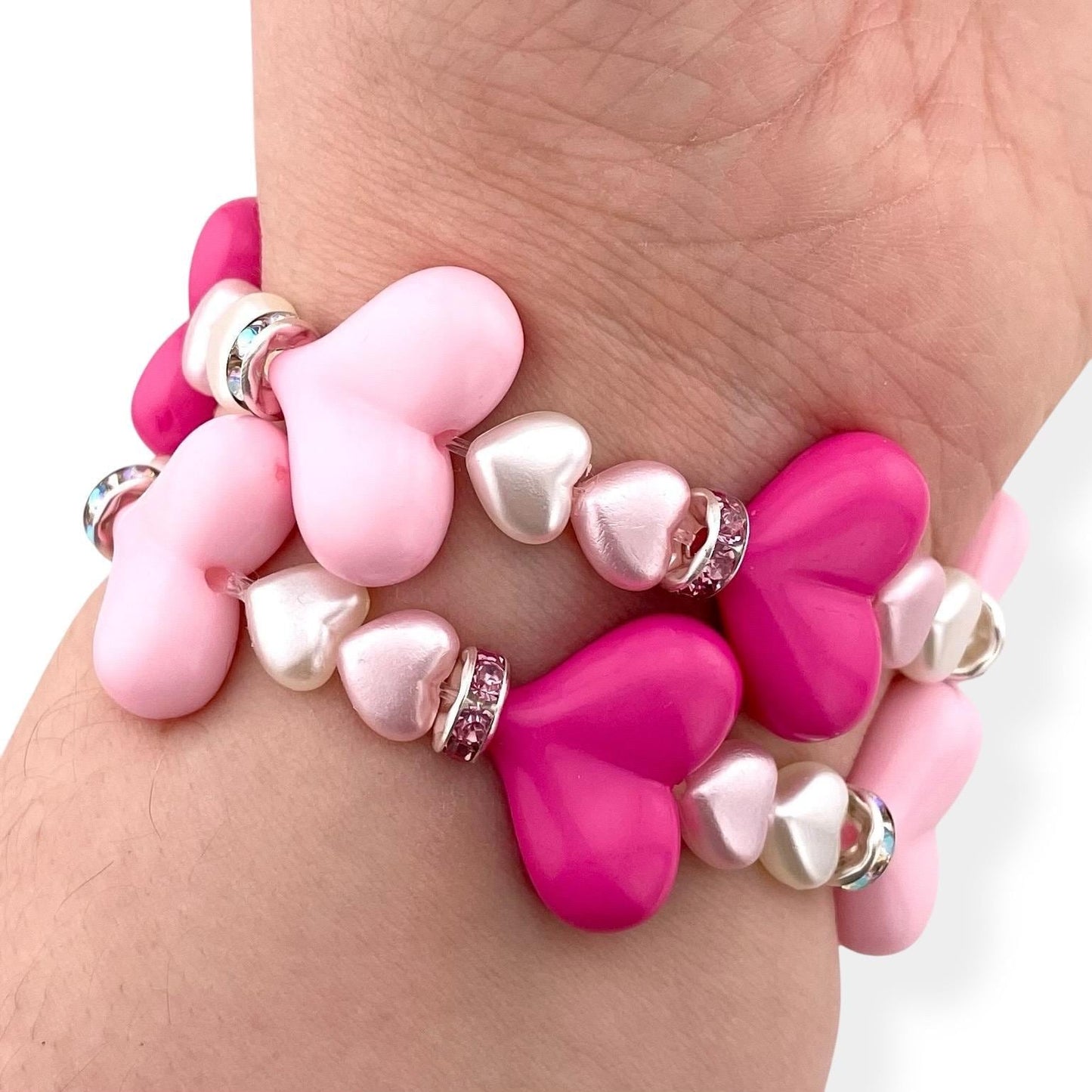Valentine’s Heart Beaded Watch Band – Pink & White Stretchy Bracelet Strap for Apple and Samsung Watches