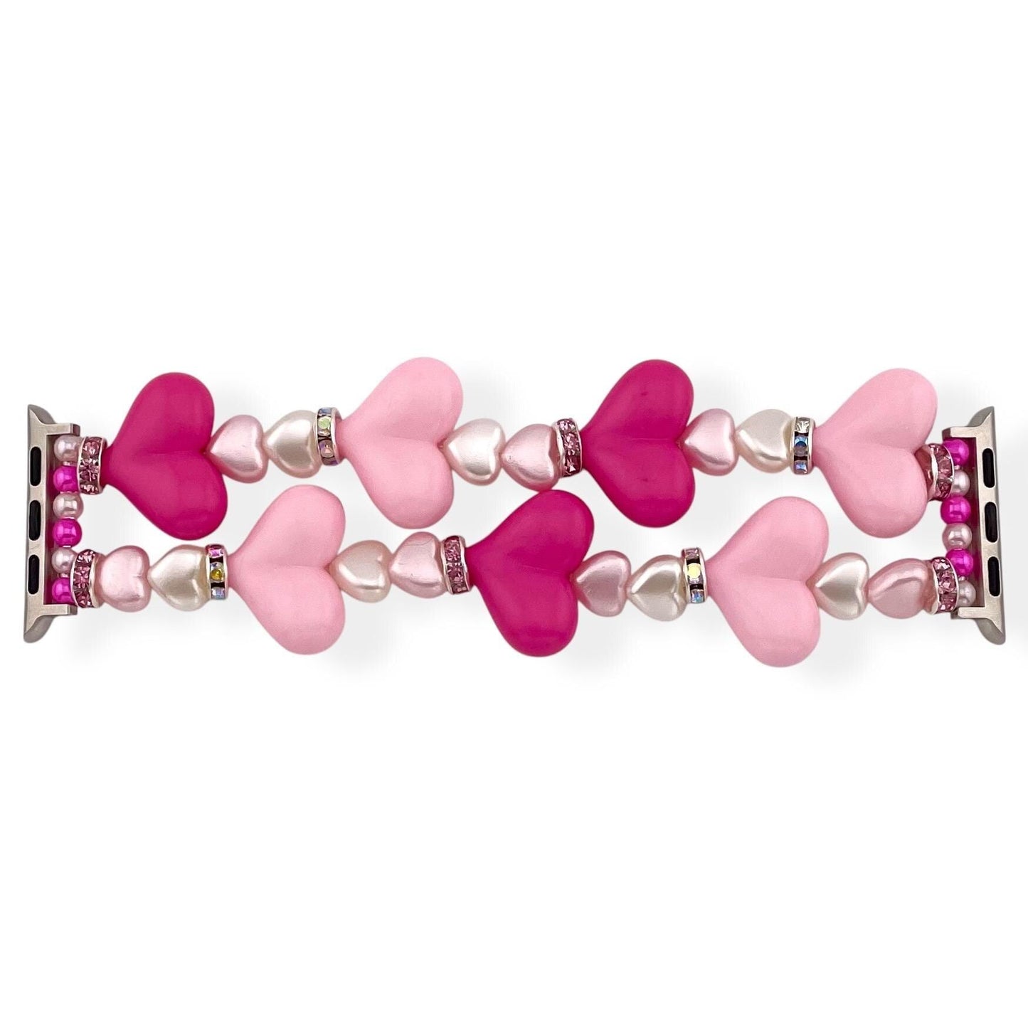 Valentine’s Heart Beaded Watch Band – Pink & White Stretchy Bracelet Strap for Apple and Samsung Watches