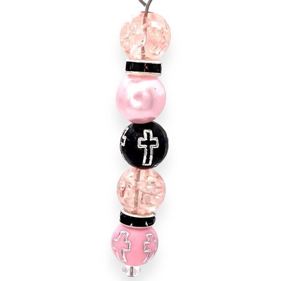 Pink and Black Cross Beaded Earrings, Handmade Religious Jewelry, Faith-Inspired Dangle Earrings