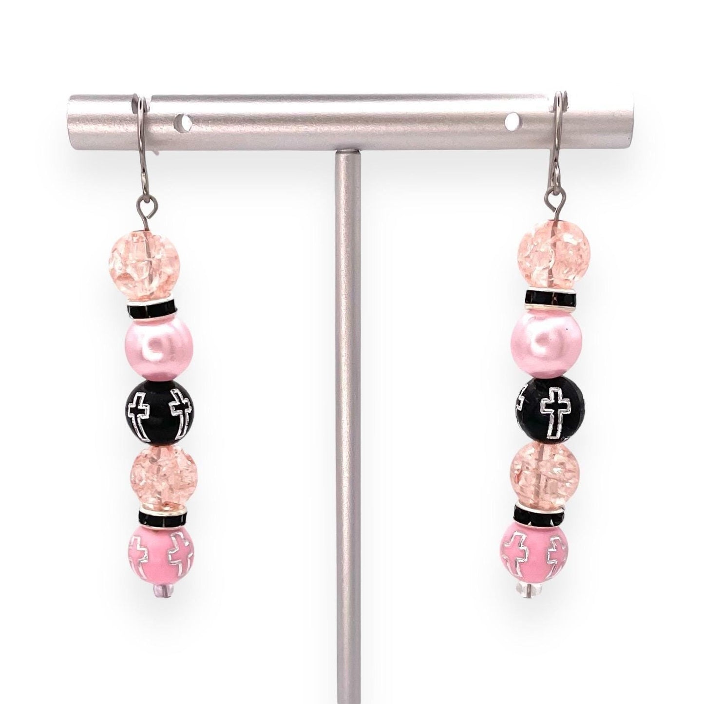 Pink and Black Cross Beaded Earrings, Handmade Religious Jewelry, Faith-Inspired Dangle Earrings