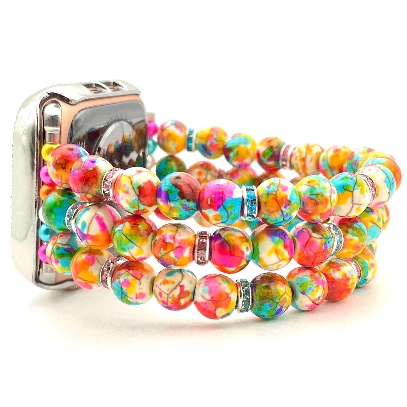 Multicolor Turquoise Beaded Apple Watch Band - Stretch Bracelet Design - Vibrant Jewelry Accessory