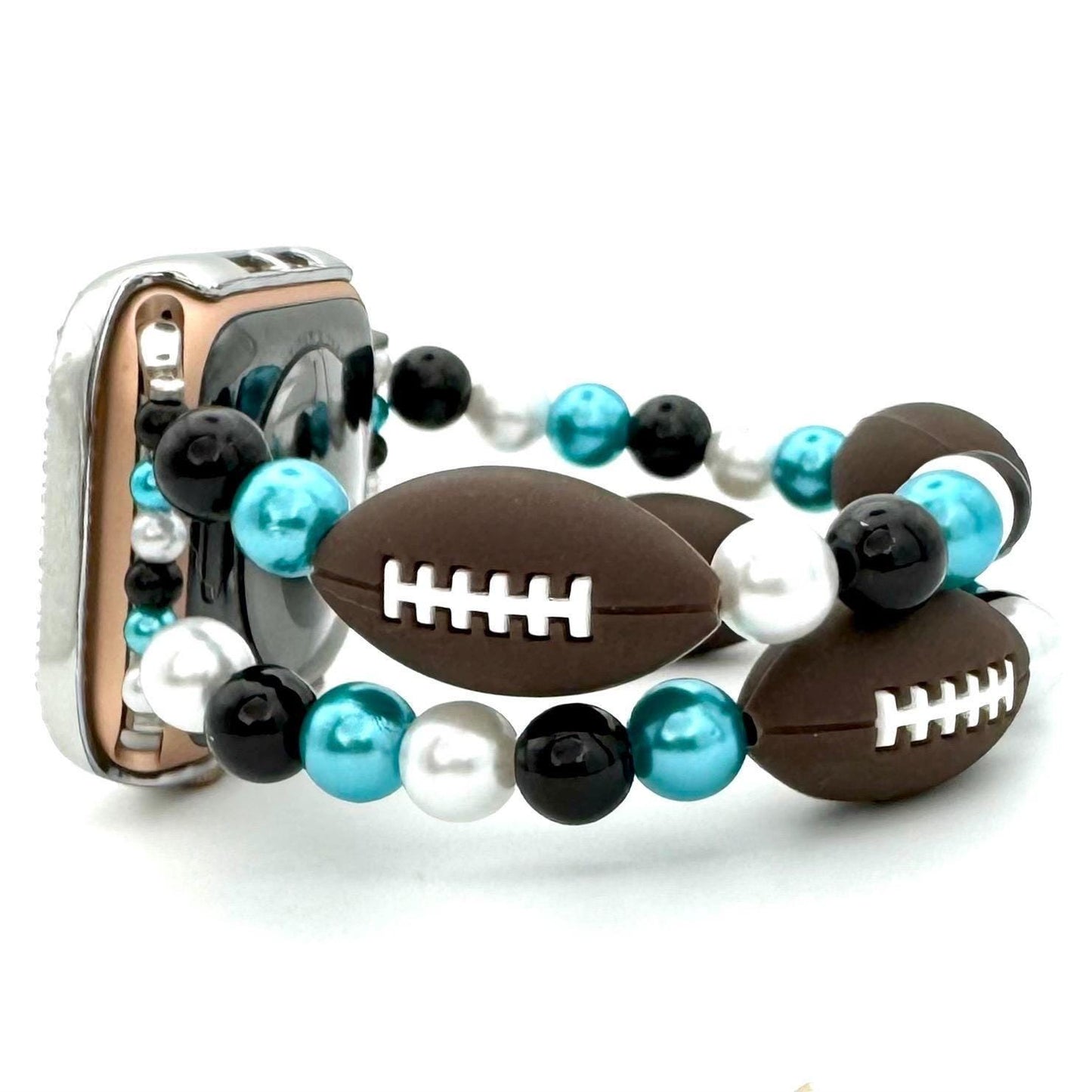 Custom Colored Football Watch Band Compatible with Apple Watch with Silicone Football and Imitation Pearls, Customizable For Team Colors!