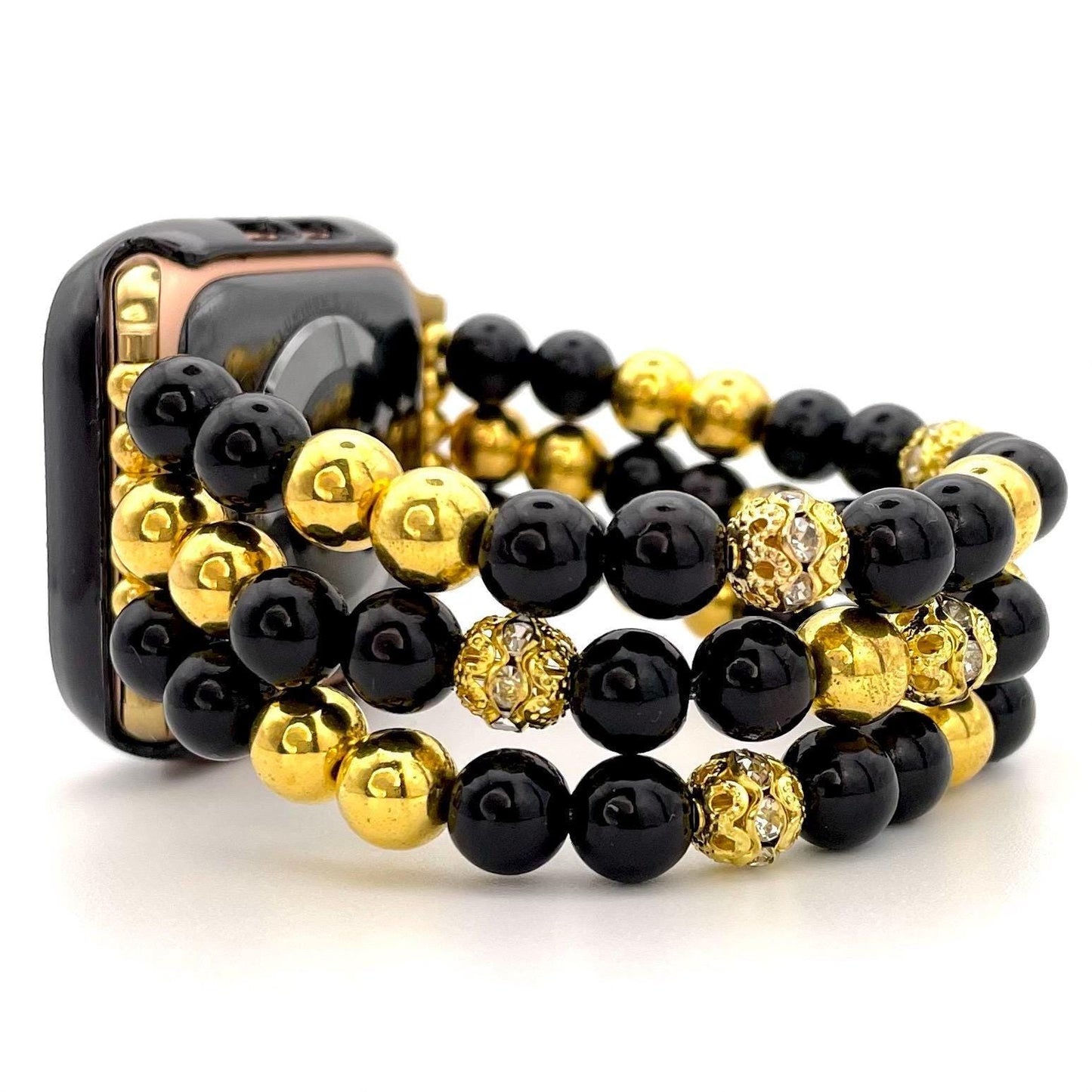 Black and Gold Watch Band Compatible with Apple Watch Made with Imitation Pearl and Rhinestone Beads