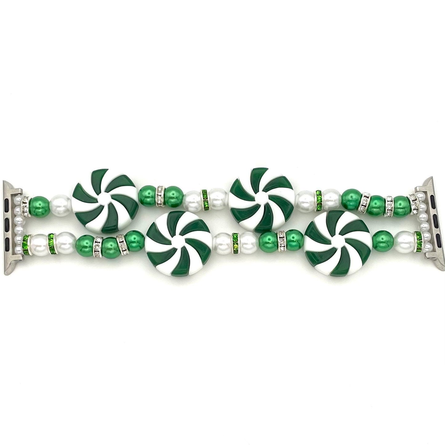 Green Peppermint Candy Holiday Apple Watch Band – Festive Green and White Christmas Beaded Band for Smartwatches