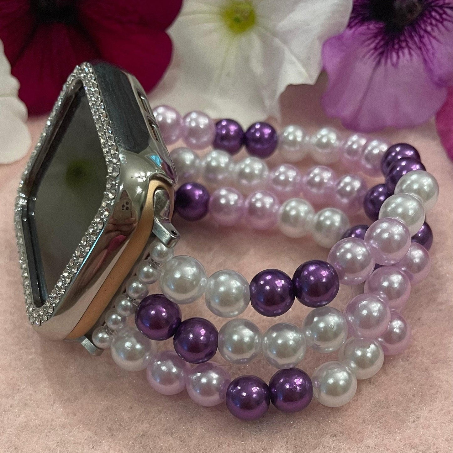 Purple Watch Band Compatible with Apple Watch with Imitation Pearls, Custom Sizing!