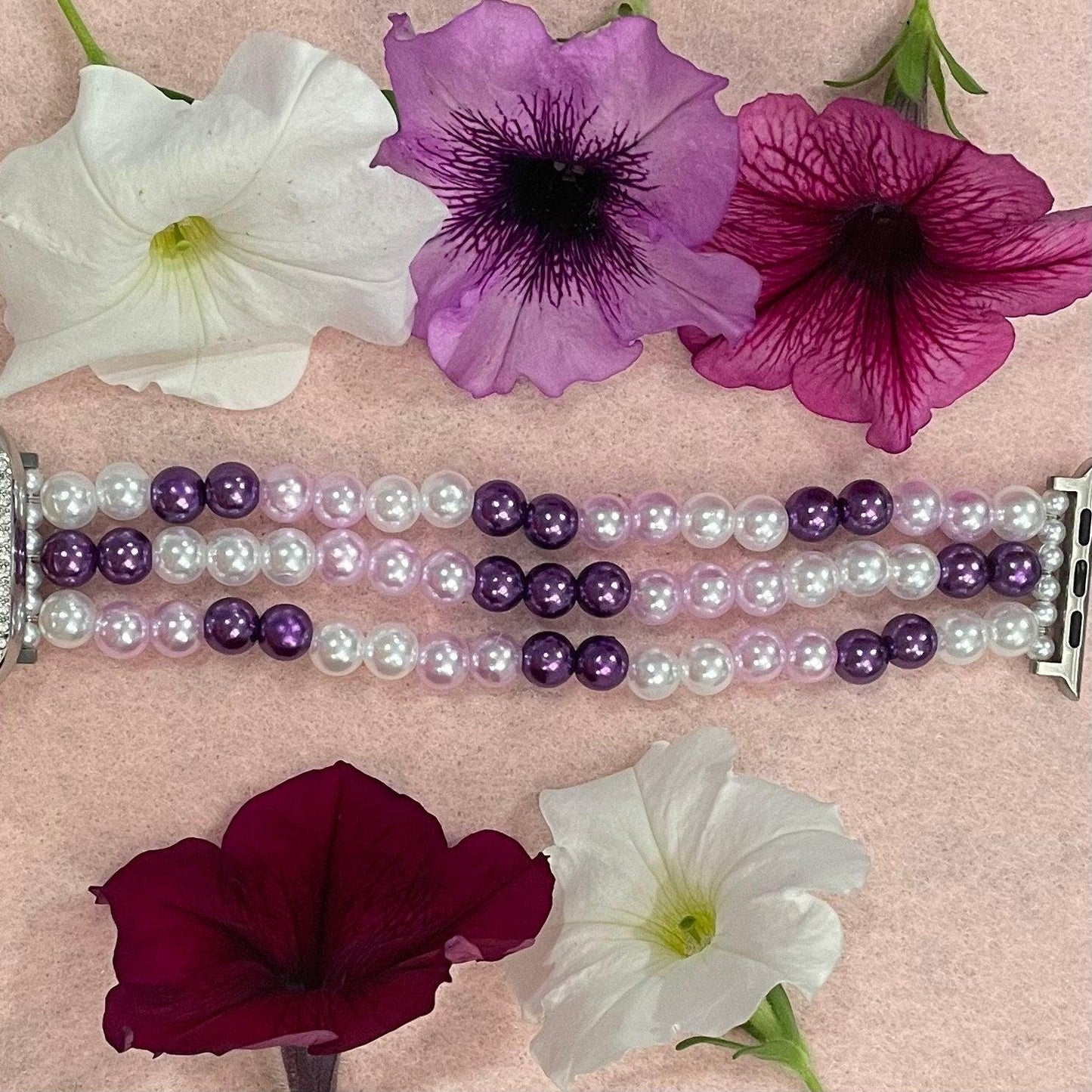 Purple Watch Band Compatible with Apple Watch with Imitation Pearls, Custom Sizing!