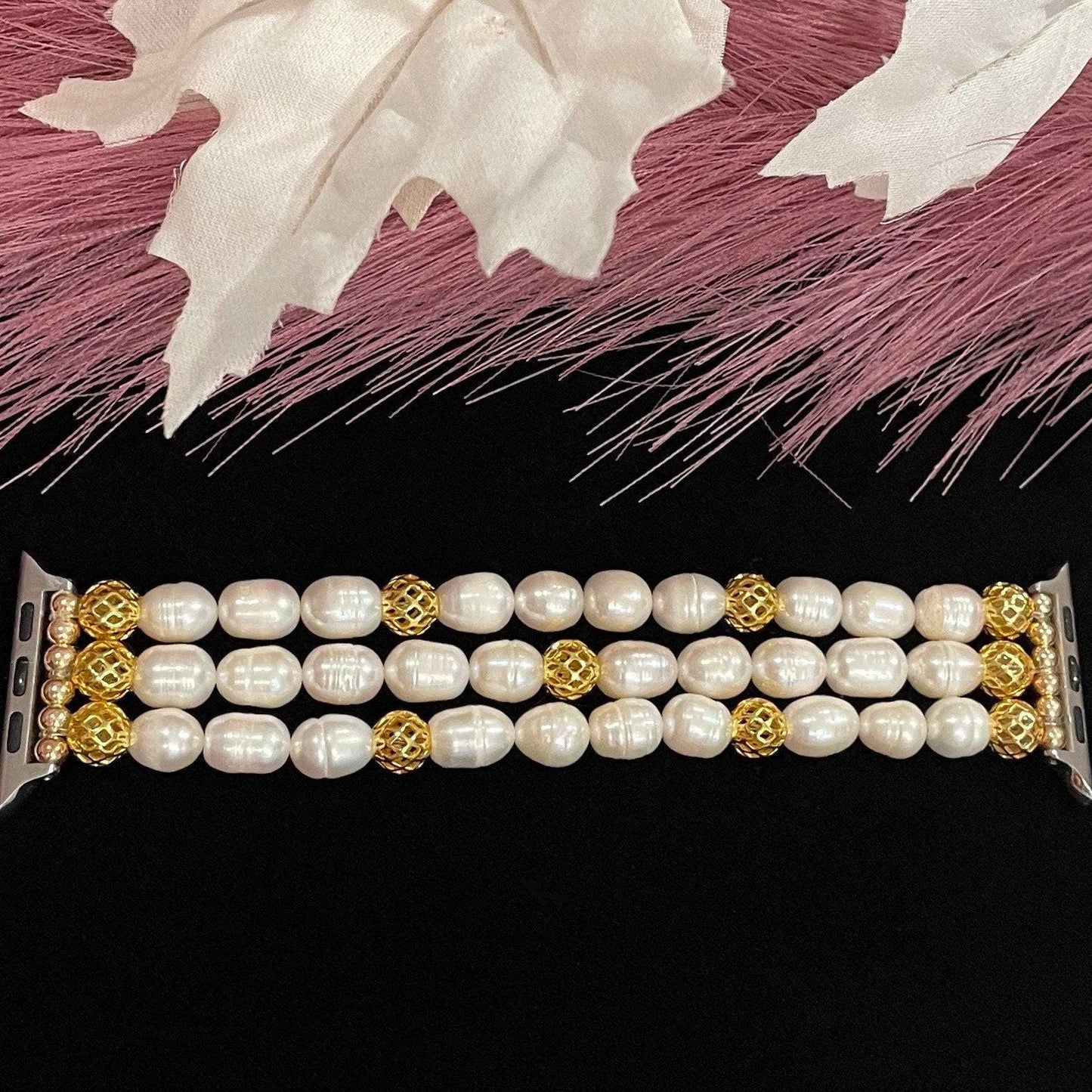 Cultured Freshwater Pearl Watch Band Compatible with Apple Watch with 18 Karat Gold Plated Beads, Custom Sizing!