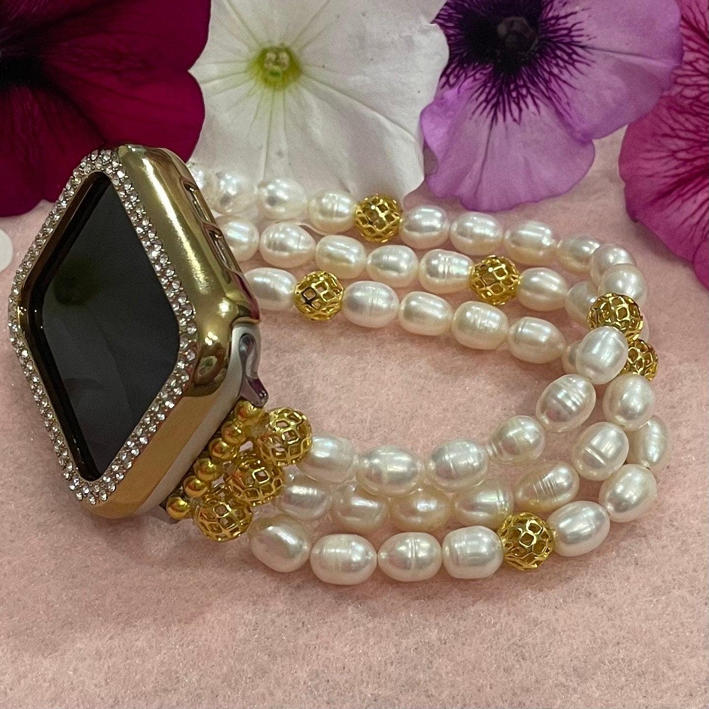 Cultured Freshwater Pearl Watch Band Compatible with Apple Watch with 18 Karat Gold Plated Beads, Custom Sizing!