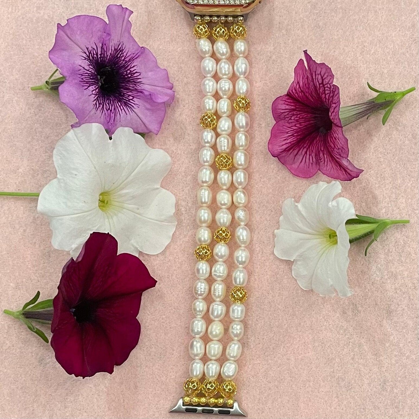 Cultured Freshwater Pearl Watch Band Compatible with Apple Watch with 18 Karat Gold Plated Beads, Custom Sizing!