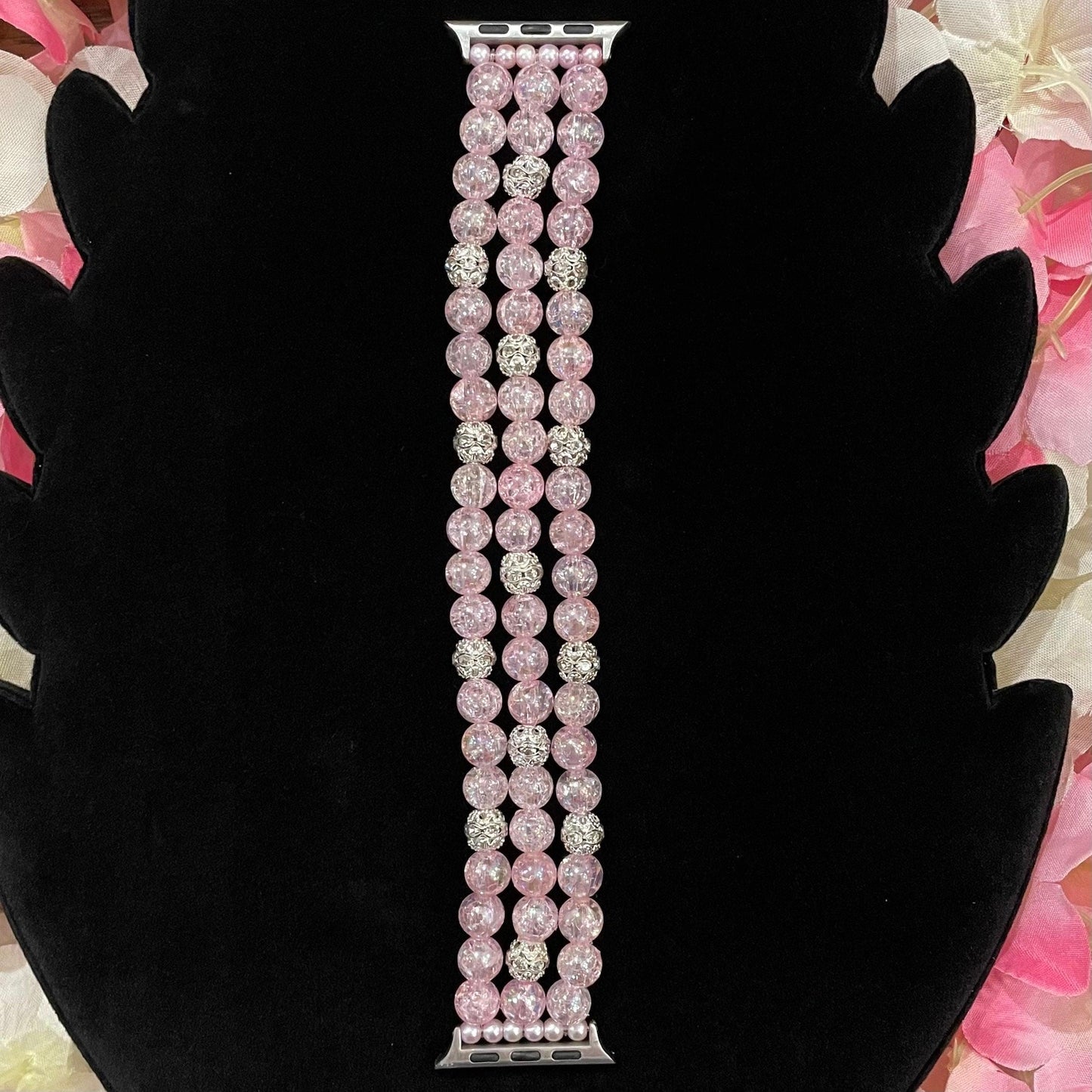 Pink Watch Band Compatible with Apple Watch with Acrylic Crackle and Rhinestone Beads