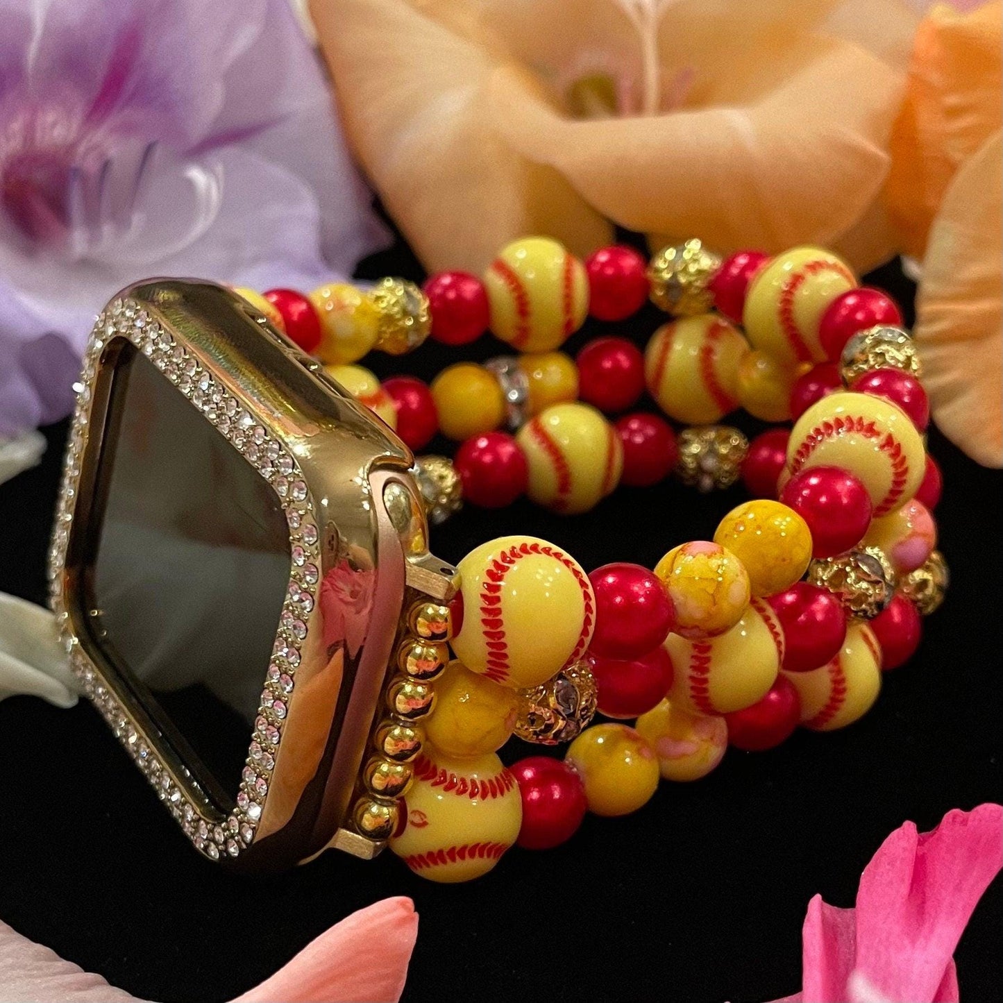 Softball Watch Band Compatible with Apple Watch Made with Acrylic Softball, Imitation Pearl, and Rhinestone Beads