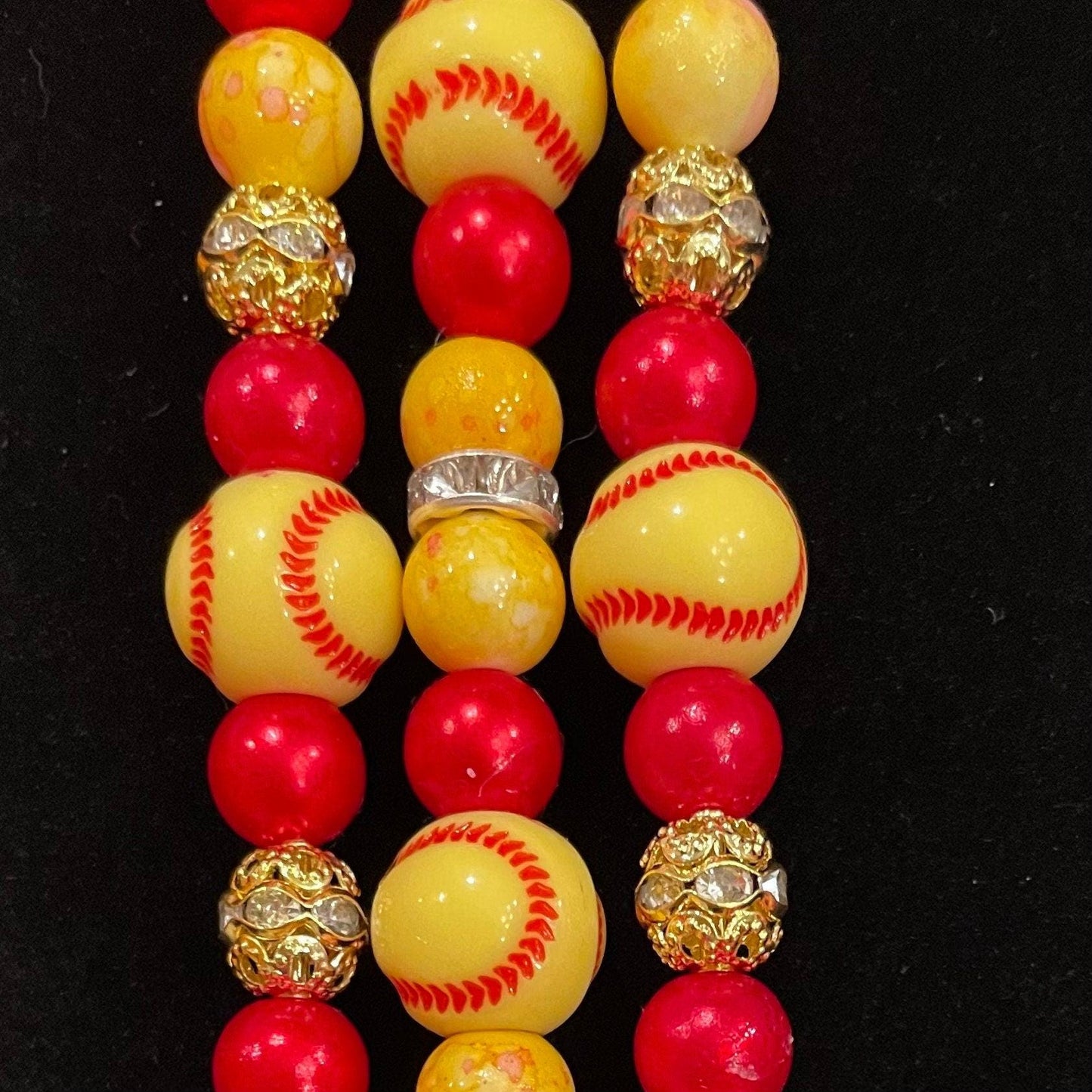 Softball Watch Band Compatible with Apple Watch Made with Acrylic Softball, Imitation Pearl, and Rhinestone Beads