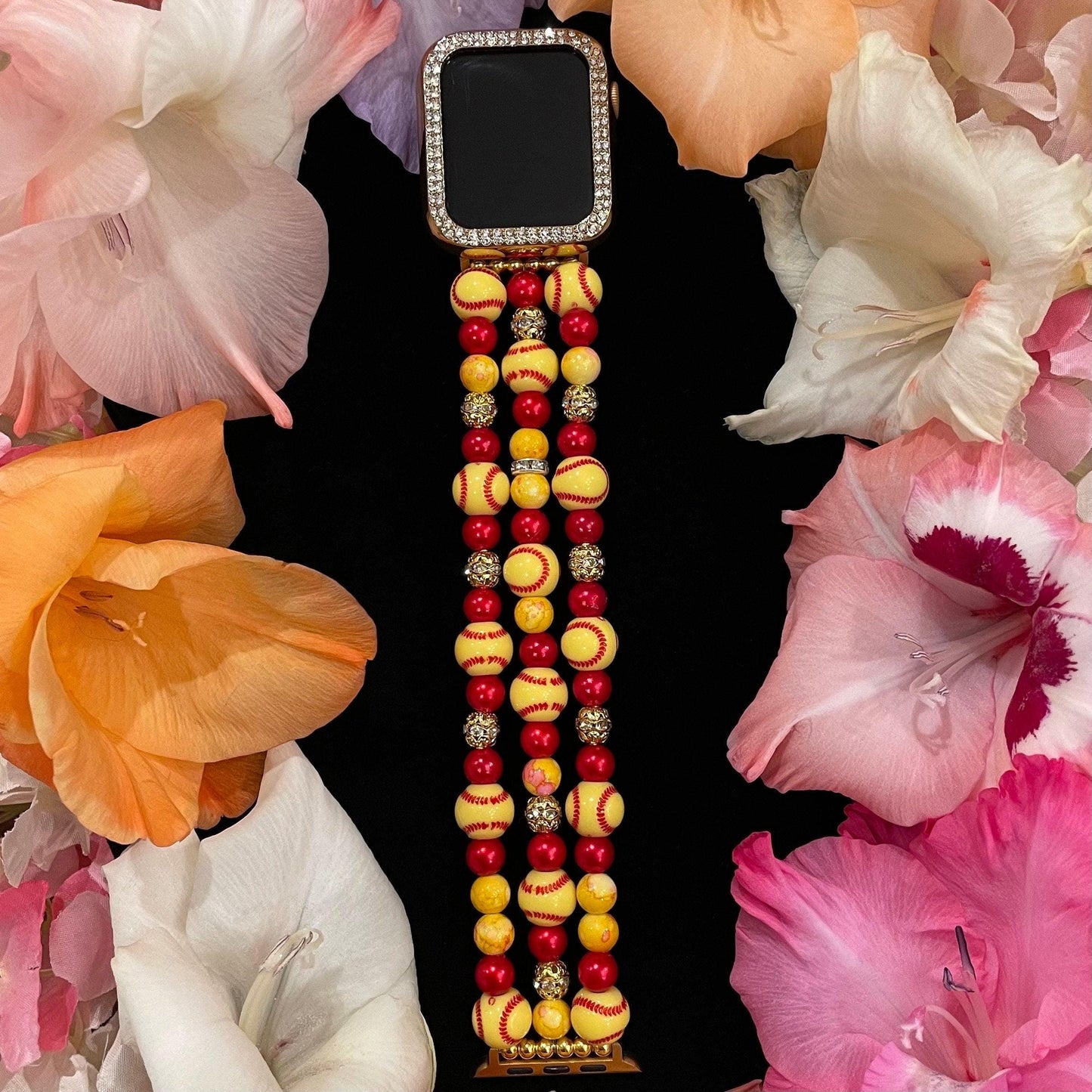 Softball Watch Band Compatible with Apple Watch Made with Acrylic Softball, Imitation Pearl, and Rhinestone Beads