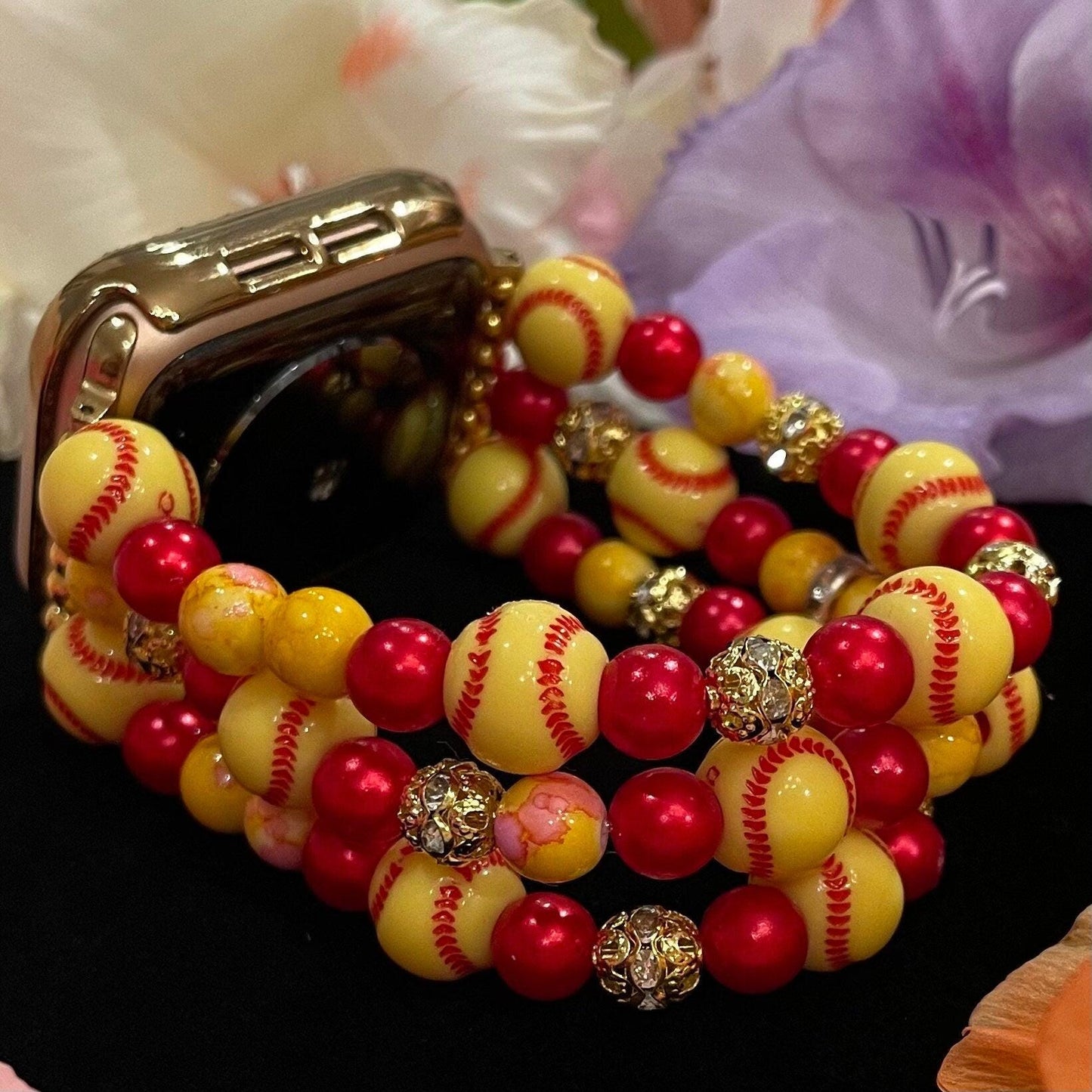 Softball Watch Band Compatible with Apple Watch Made with Acrylic Softball, Imitation Pearl, and Rhinestone Beads