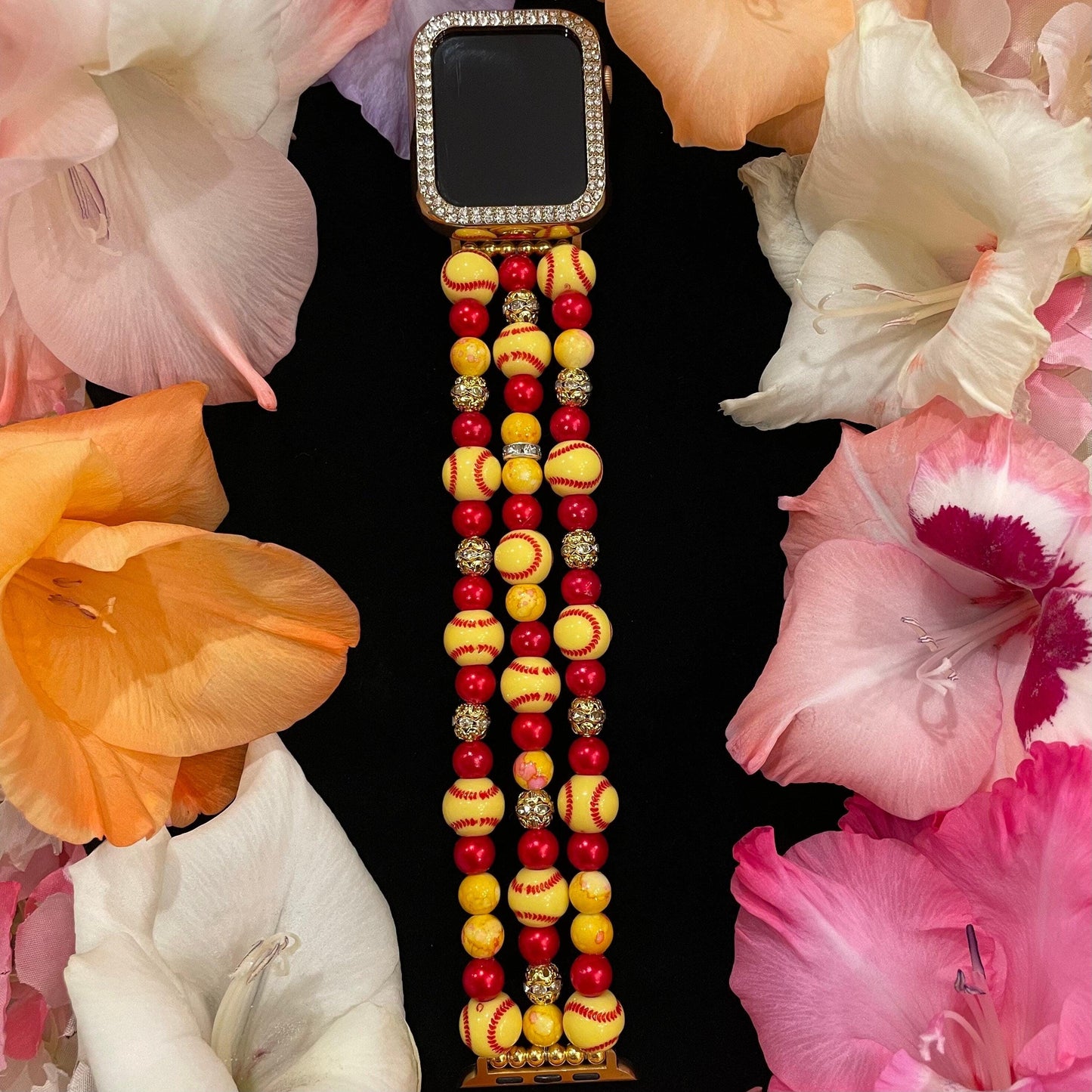Softball Watch Band Compatible with Apple Watch Made with Acrylic Softball, Imitation Pearl, and Rhinestone Beads