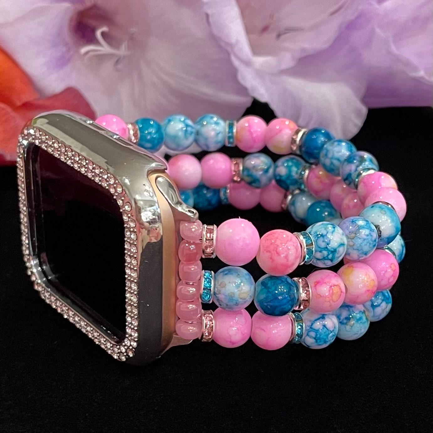 Pink and Teal Watch Band Compatible with Apple Watch Made With Acrylic and Rhinestone Beads