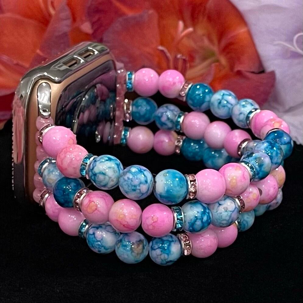 Pink and Teal Watch Band Compatible with Apple Watch Made With Acrylic and Rhinestone Beads