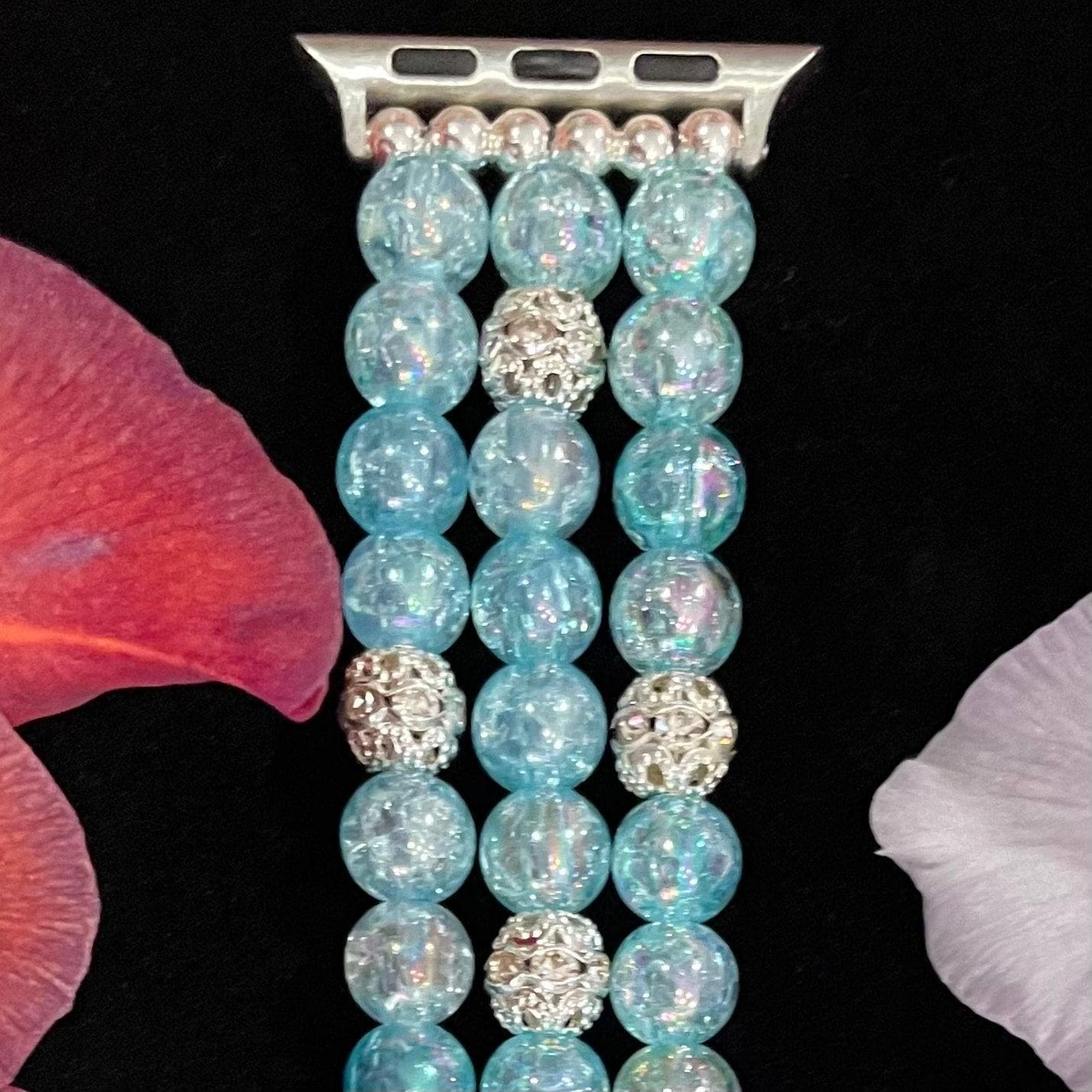 Blue Watch Band Compatible with Apple Watch with Acrylic Crackle and Rhinestone Beads