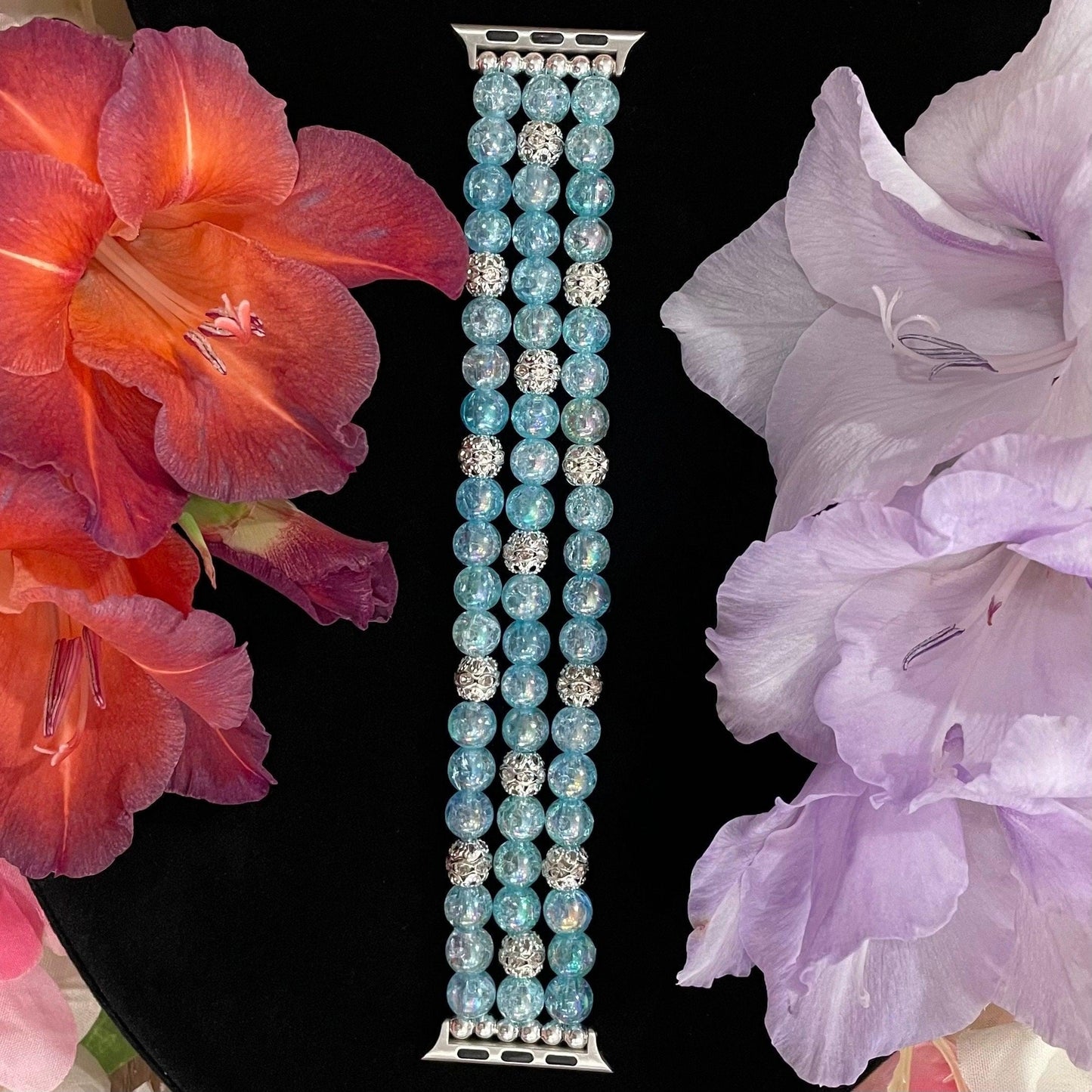 Blue Watch Band Compatible with Apple Watch with Acrylic Crackle and Rhinestone Beads