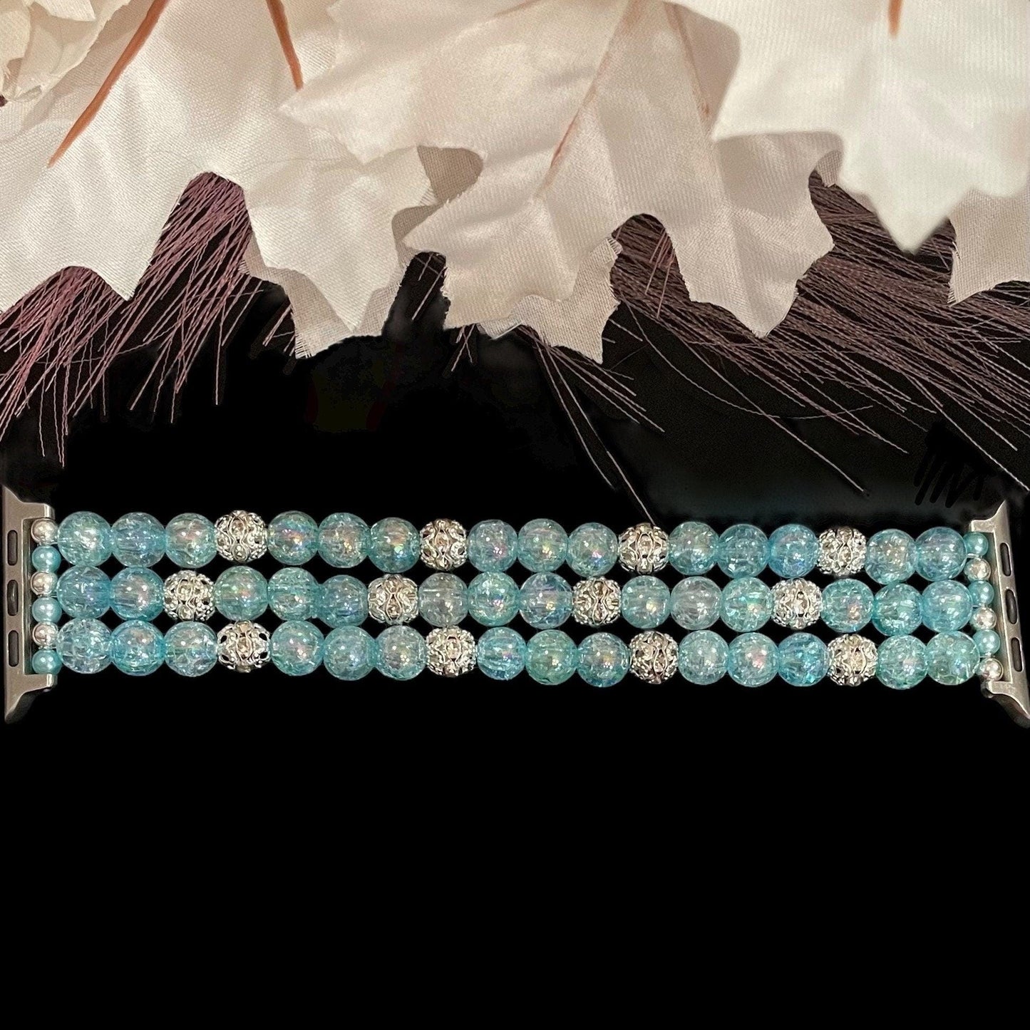 Blue Watch Band Compatible with Apple Watch with Acrylic Crackle and Rhinestone Beads