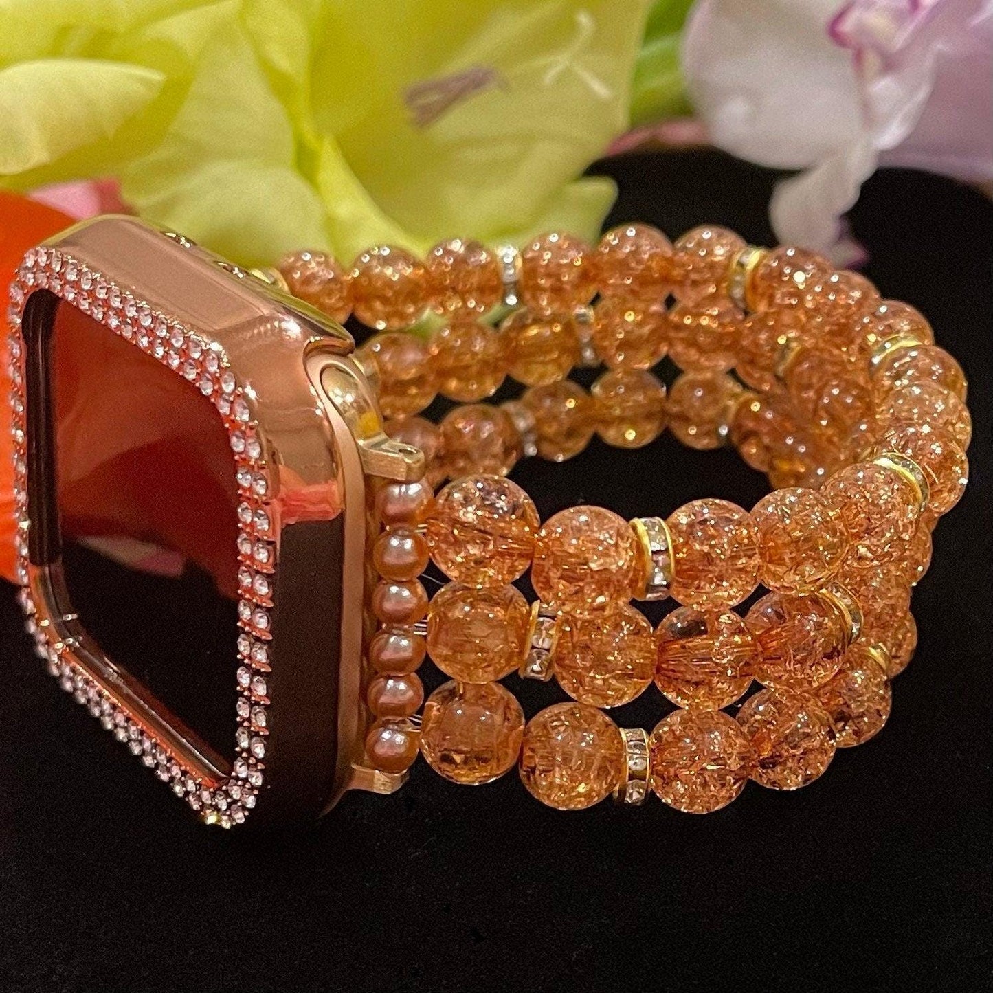 Fall Tan/Brown Watch Band Compatible with Apple Watch Made With Crackle Acrylic, Imitation Pearl, and Rhinestone Beads