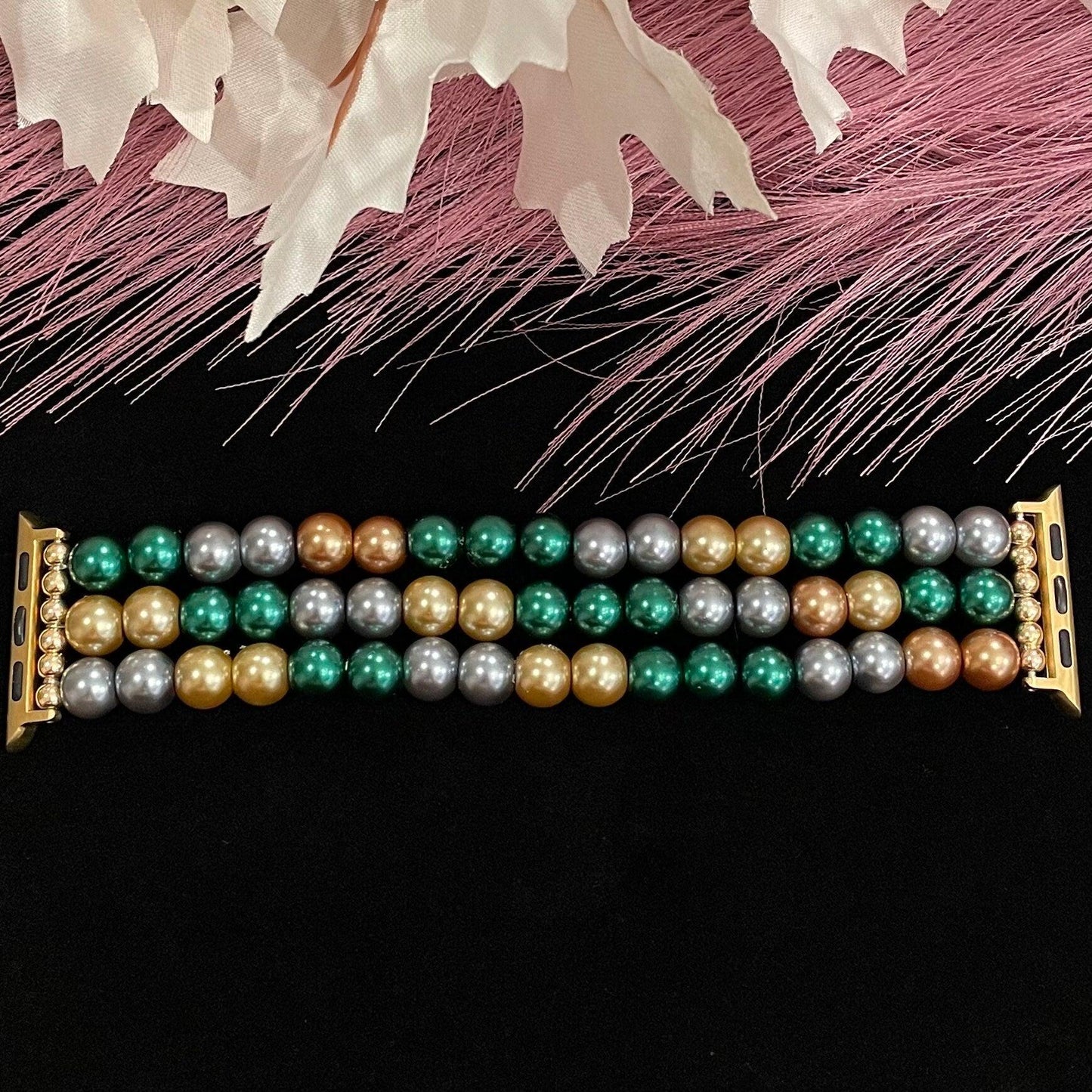 Green and Gold Watch Band Compatible with Apple Watch Made with Glass Beads
