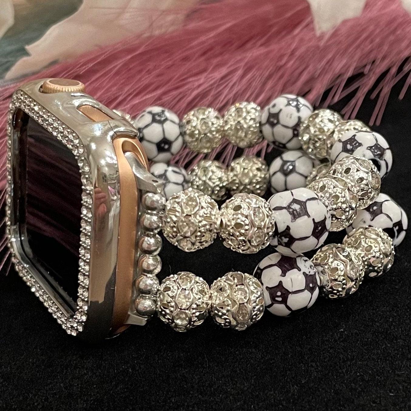 Soccer Watch Band Compatible with Apple Watch with Acrylic Soccer Ball and Rhinestone Beads