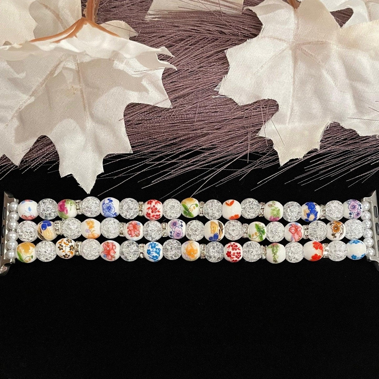 Floral Watch Band Compatible with Apple Watch with Porcelain Flower and Cracked Crystal Beads