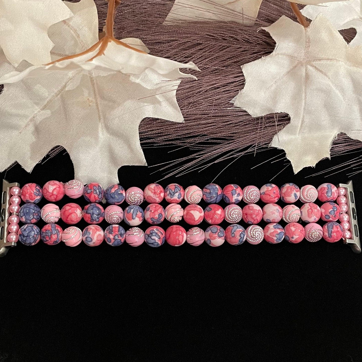 Pink Watch Band Compatible with Apple Watch with Stone Rain Flower and Acrylic Rhinestone Beads