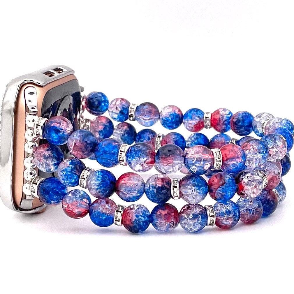 Patriotic Watch Band Compatible with Apple Watch Made with Red White and Blue Crackle Acrylic, Imitation Pearl, and Rhinestone Beads