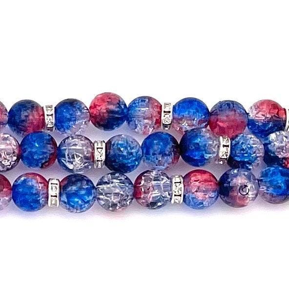 Patriotic Watch Band Compatible with Apple Watch Made with Red White and Blue Crackle Acrylic, Imitation Pearl, and Rhinestone Beads