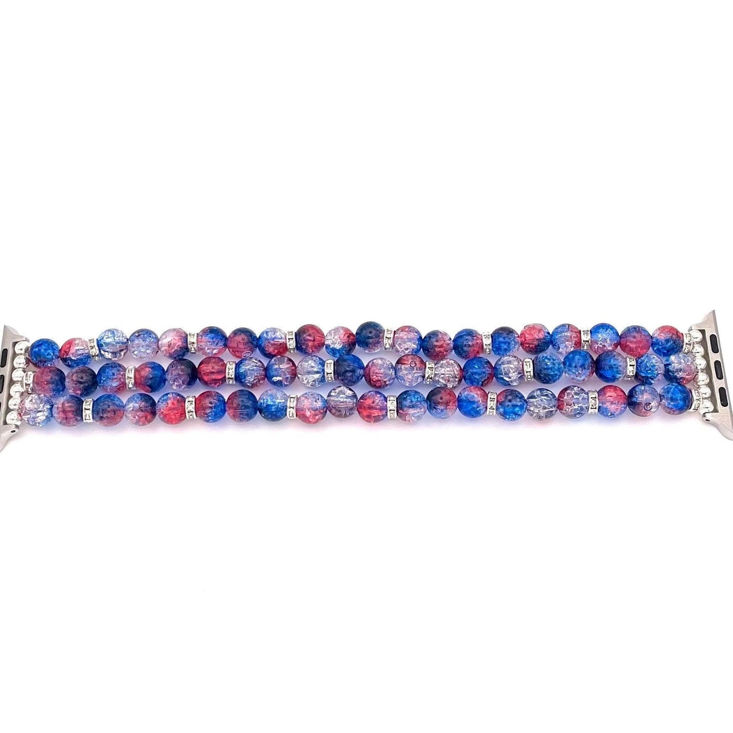 Patriotic Watch Band Compatible with Apple Watch Made with Red White and Blue Crackle Acrylic, Imitation Pearl, and Rhinestone Beads