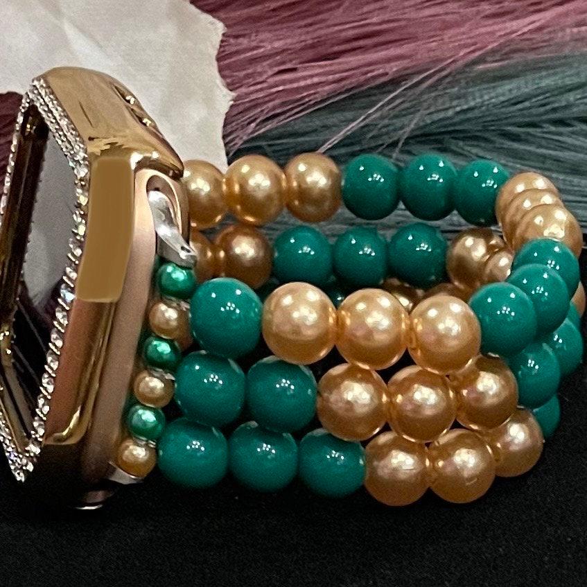 Gold and Green Watch Band Compatible with Apple Watch Made with Acrylic and Imitation Pearl Beads. Available in Team/School Colors. Custom