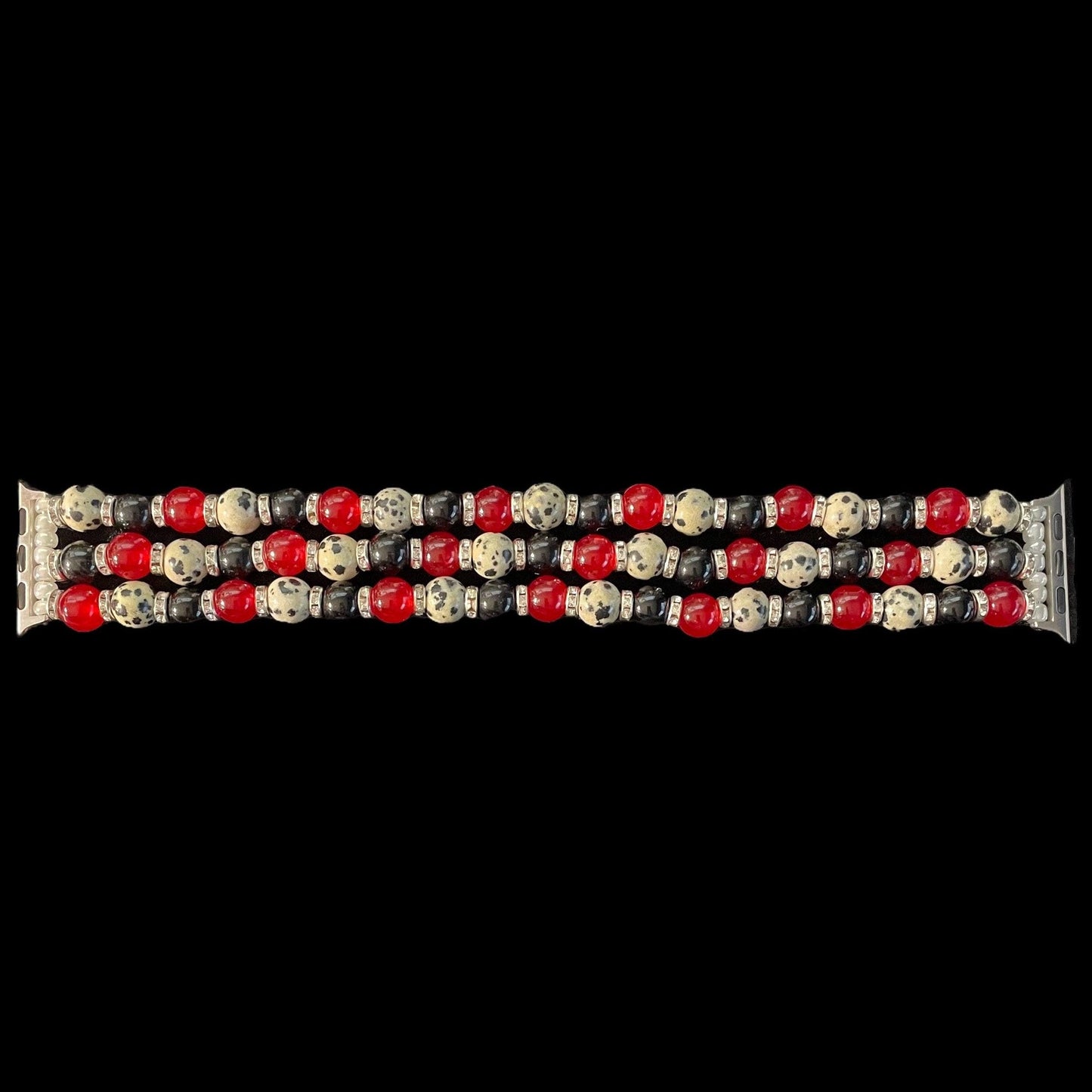 Leopard Watch Band Made With Natural Stone, Natural Black Onyx Agate, Red Glass, and Rhinestone Beads. Compatible with Apple Watch.