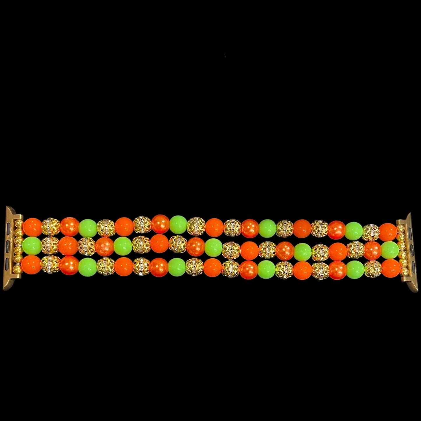 Bright Neon Summer Beaded Watch Band Compatible with Apple Watch Made with Acrylic and Gold Rhinestone Beads Accents