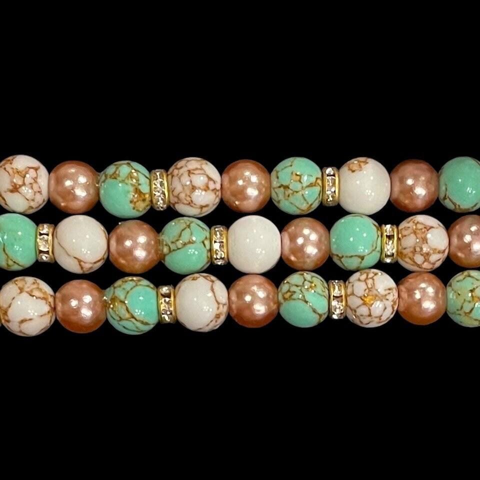 Stone Watch Band Compatible with Apple Watches Made with Gold Veined Howlite and Acrylic Pearl Beads