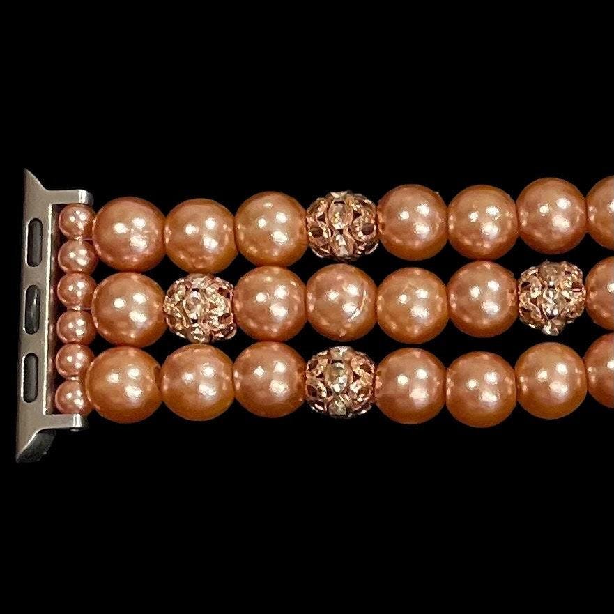 Tan Brown Watch Band Compatible with Apple Watch Made with Imitation Pearl and Rhinestone Beads