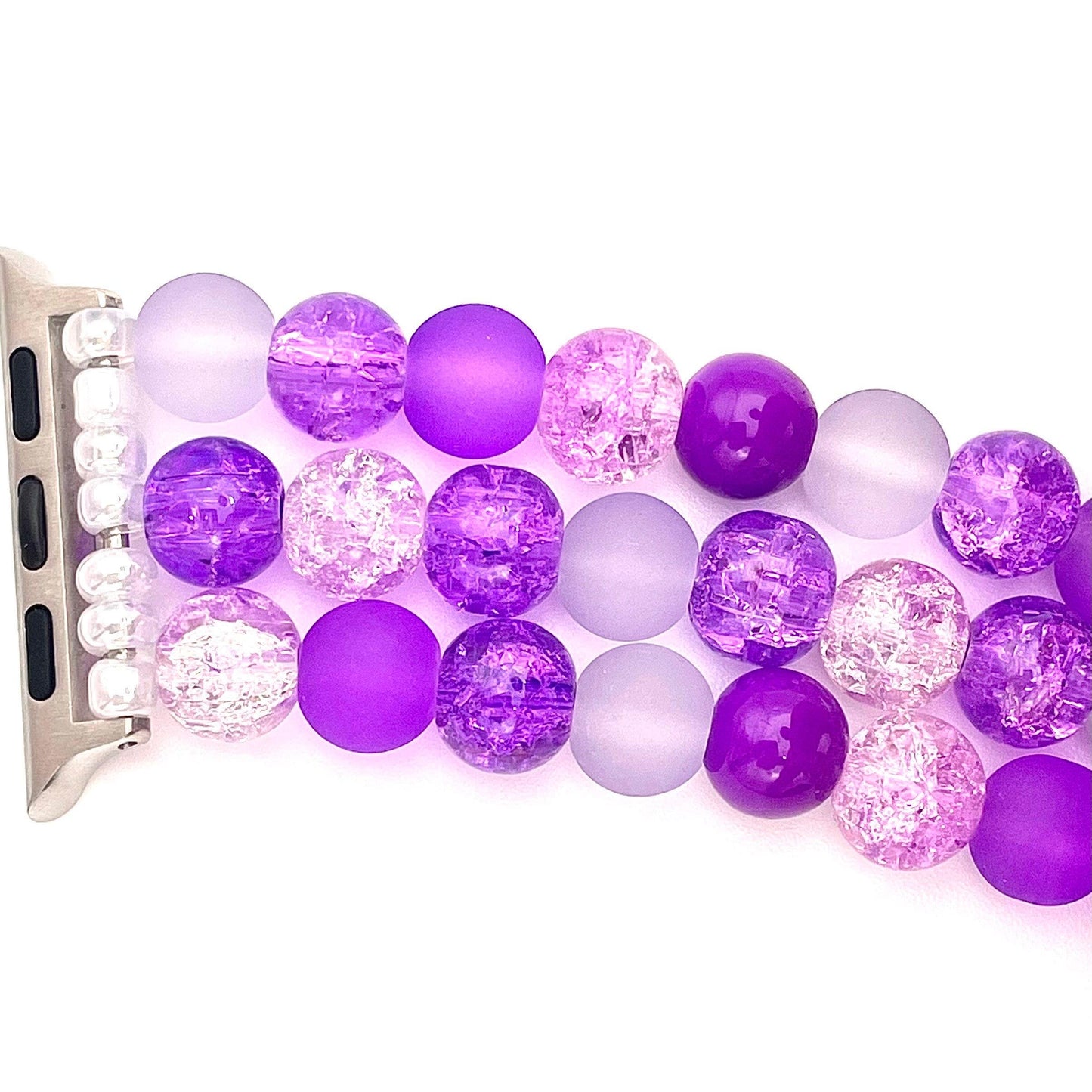 Purple Watch Band Bracelet Compatible with Apple Watch. Made with Glass Beads, Imitation Acrylic Pearls and Rhinestones.