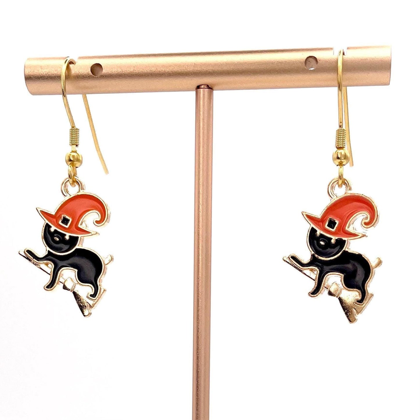 Halloween Cats or Ghosts on Broomsticks Earrings Made with Gold Finished Stainless Steel Earring Hooks