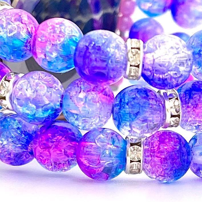 Custom Sized Beaded Pink and Blue Watch Band Compatible with Apple or Fitbit Watch Made with Crackle Acrylic and Rhinestone Beads