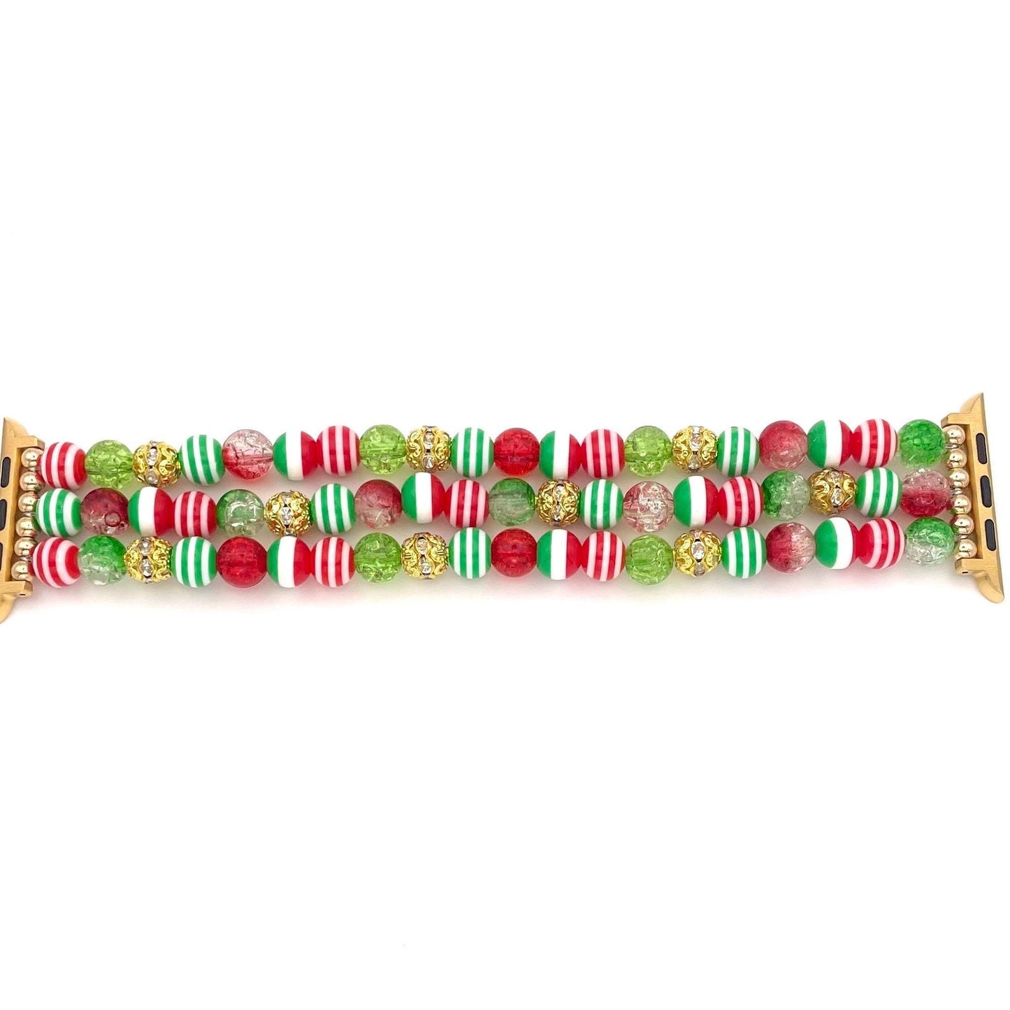 Holiday-Themed Beaded Apple Watch Band For Women – Festive Red, Green & Gold Stretch Bracelet | The Perfect Christmas Accessory!