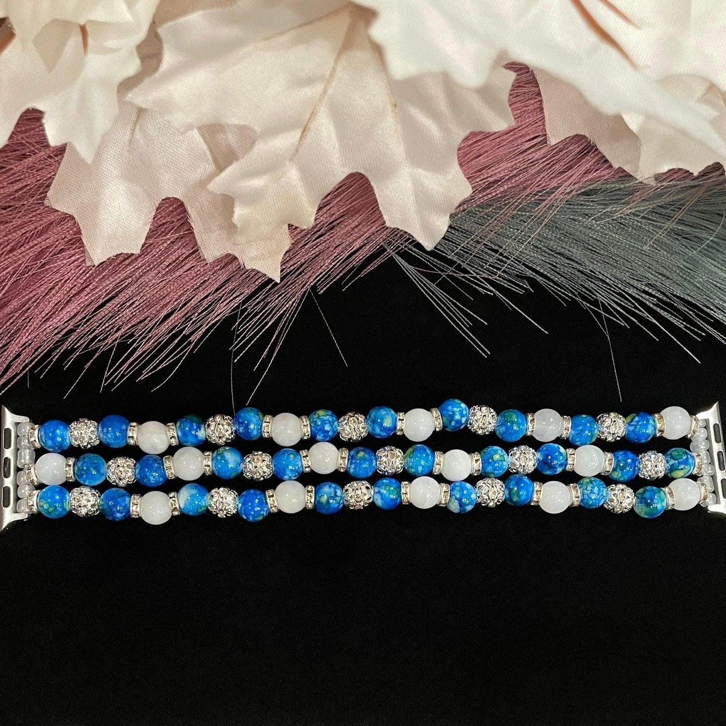 Blue Watch Band Compatible with Apple Watch Made with Acrylic, Cloud, and Rhinestone Beads